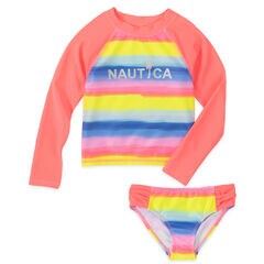TODDLER GIRLS' OMBRE STRIPED RASHGUARD SET (2T-4T),Biking Red,large