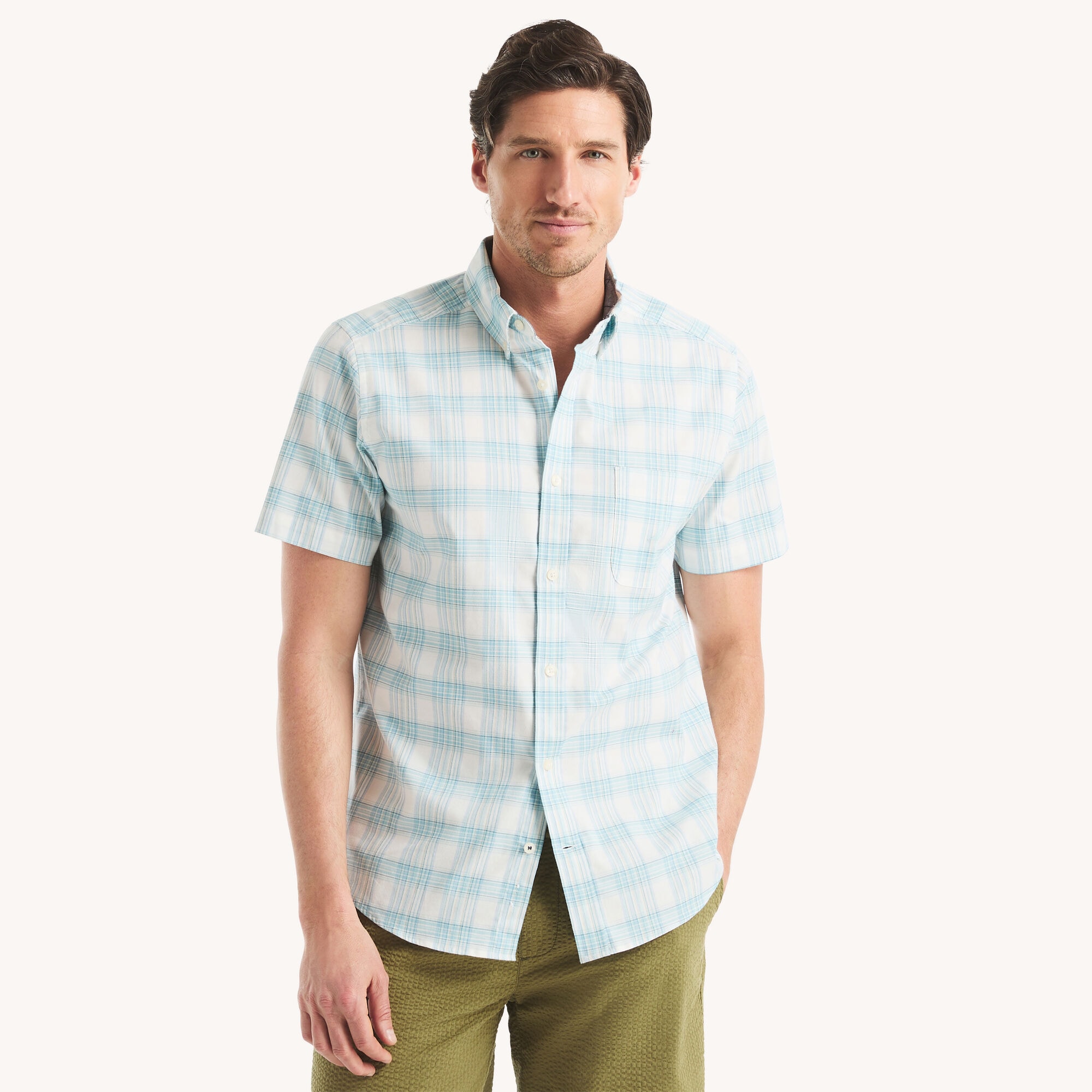 Plaid Oxford Short-Sleeve Shirt,Sail White,large