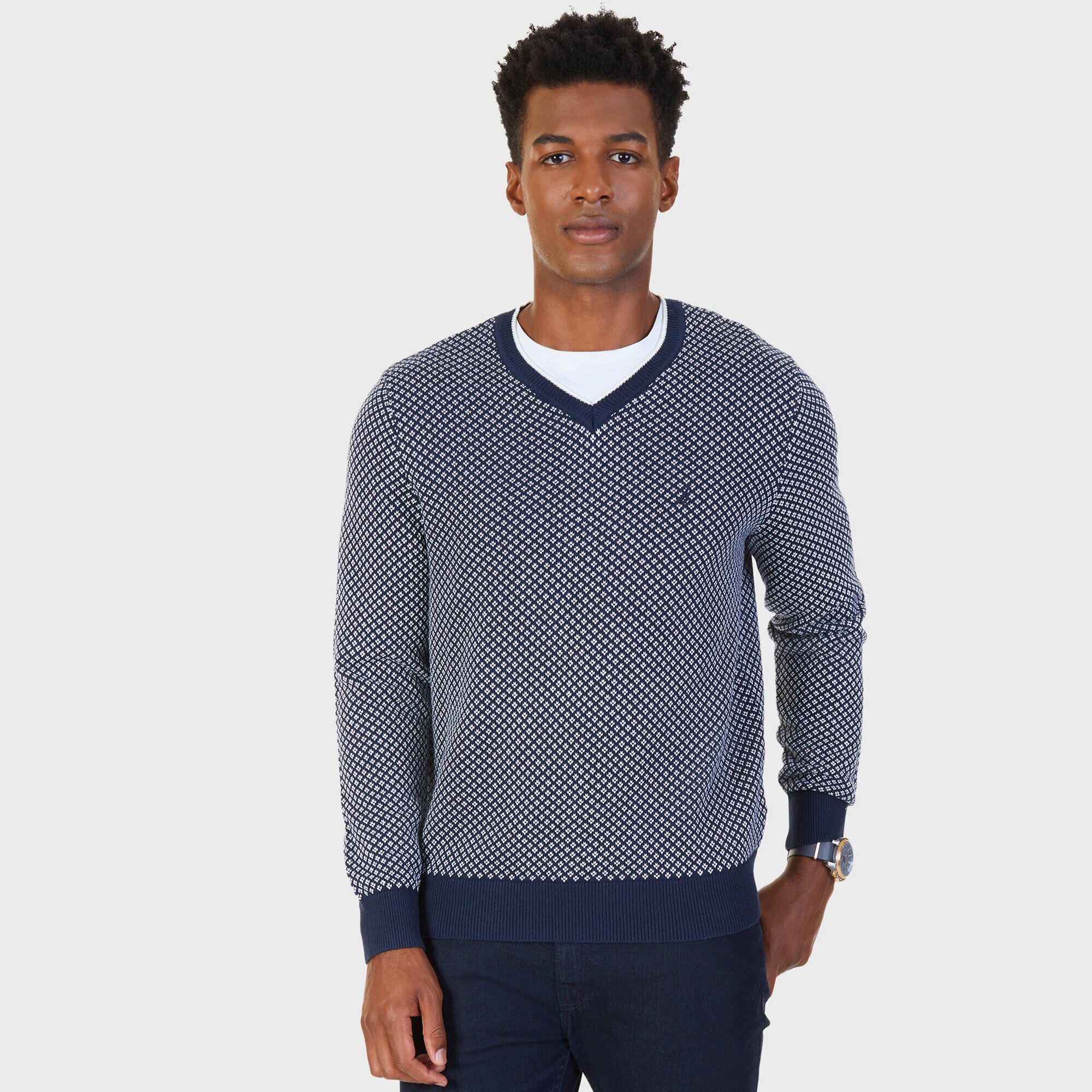  Birdseye Jacquard V-Neck Sweater,True Navy,large