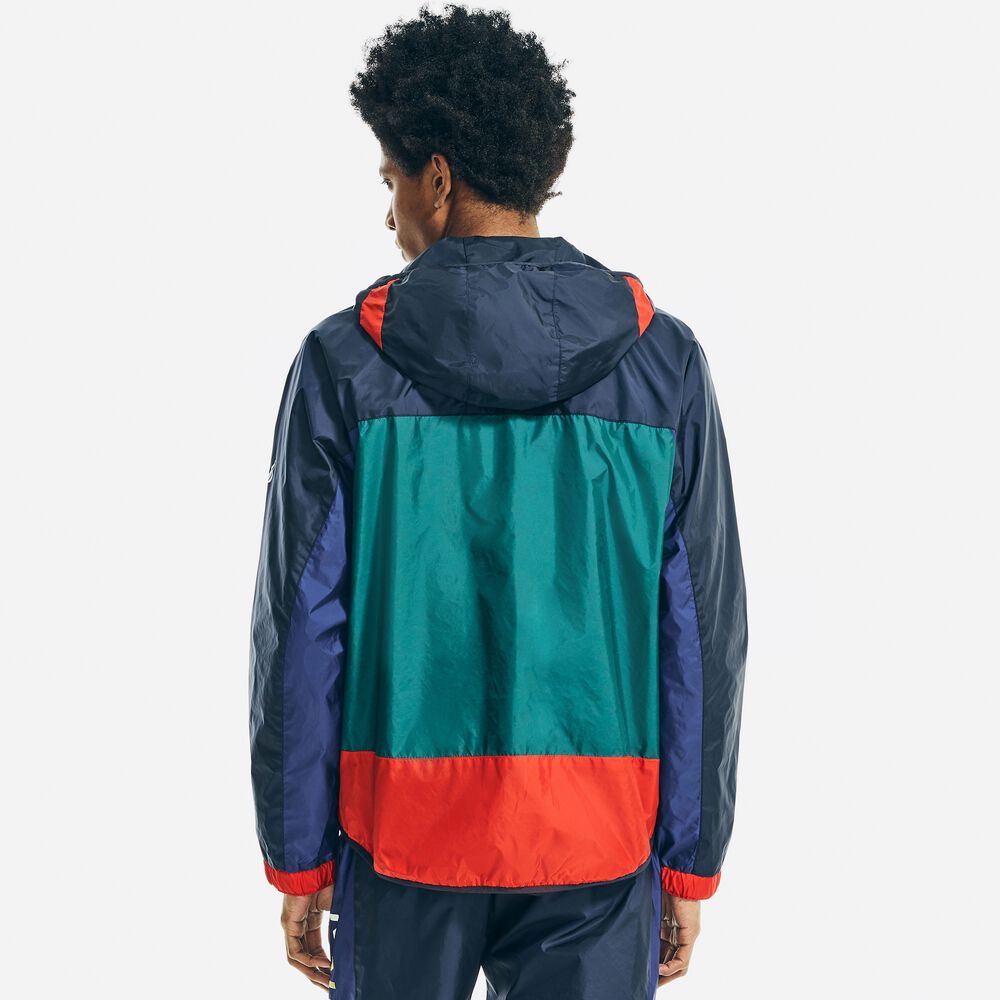 COLORBLOCK HOODED WINDBREAKER JACKET,Navy,large