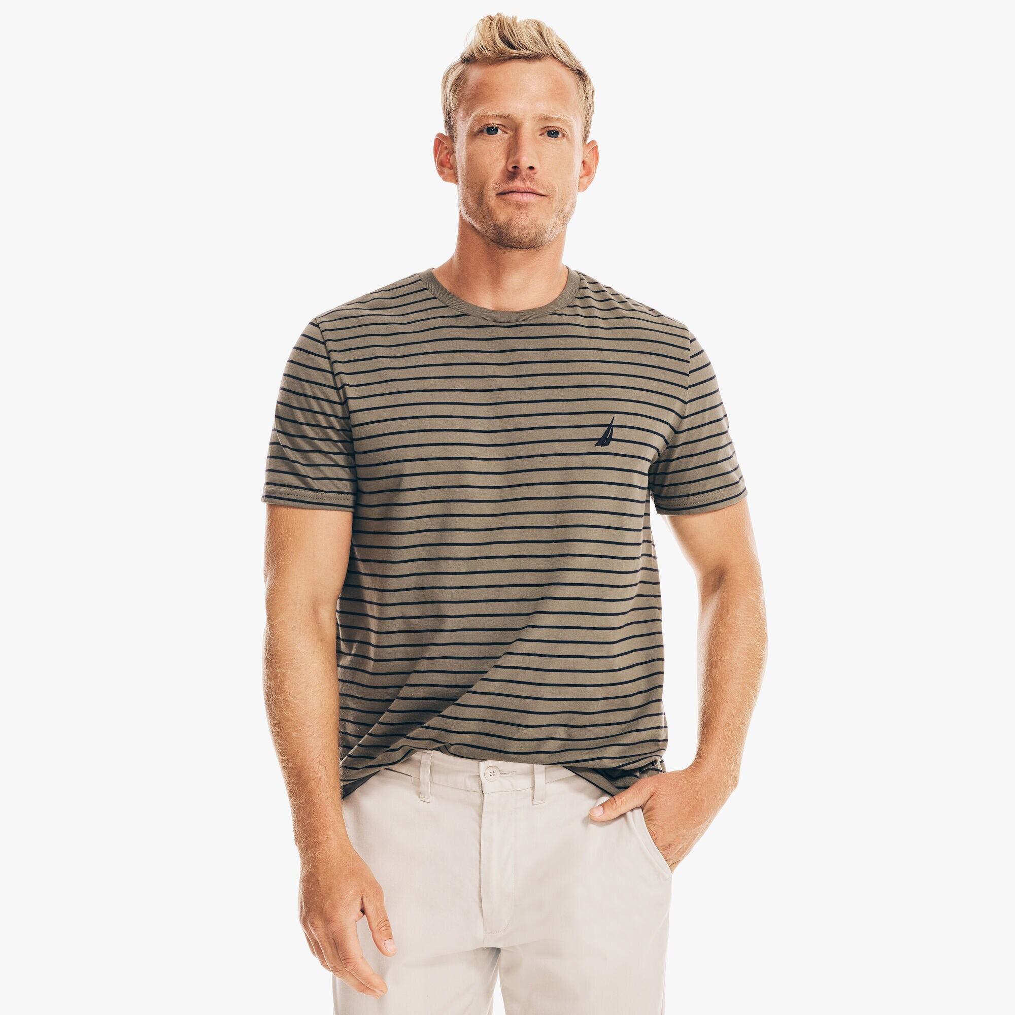 Striped Crewneck T-Shirt,Hillside Olive,large