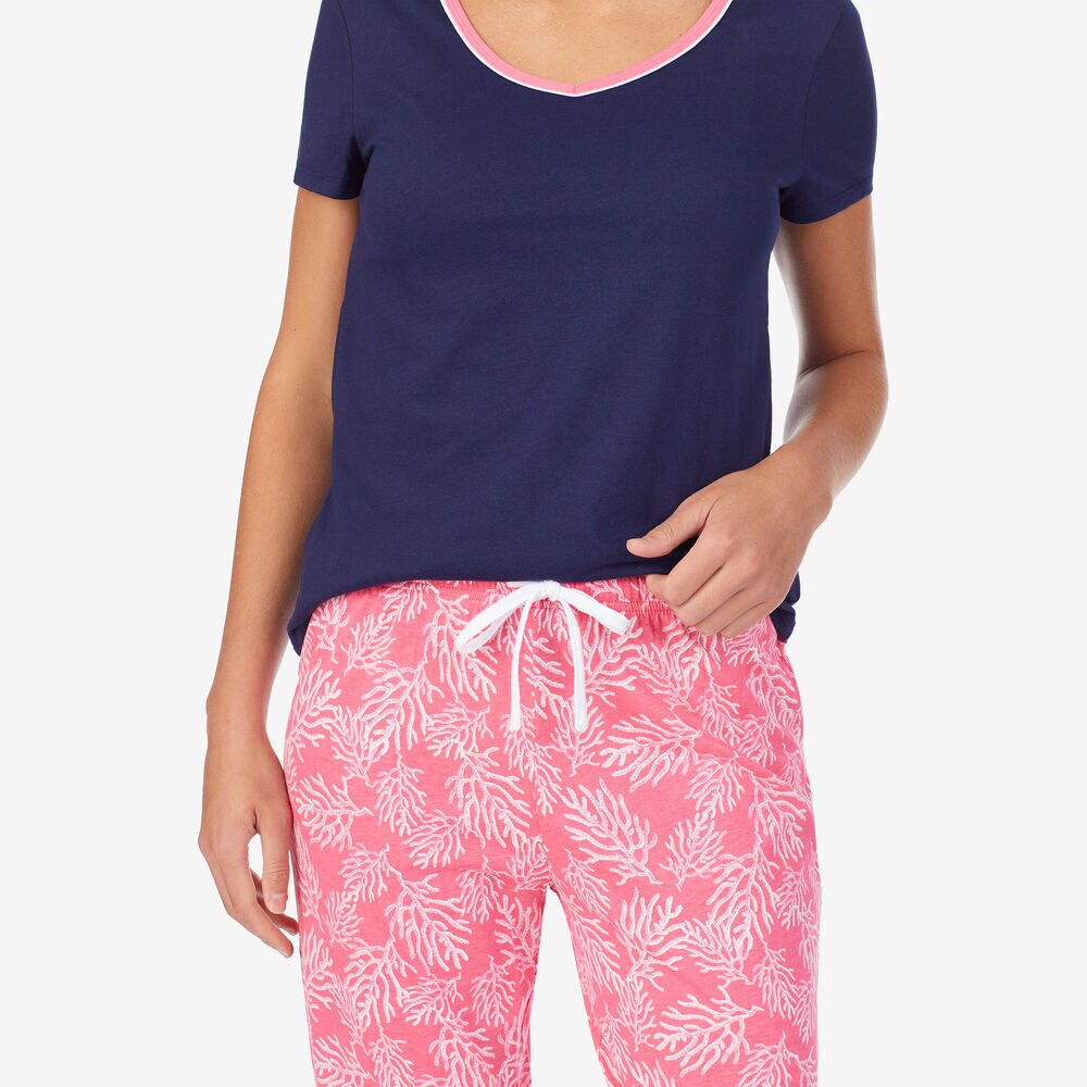 BRANCH PRINT V-NECK PANT PAJAMA SET,Neon Orange,large