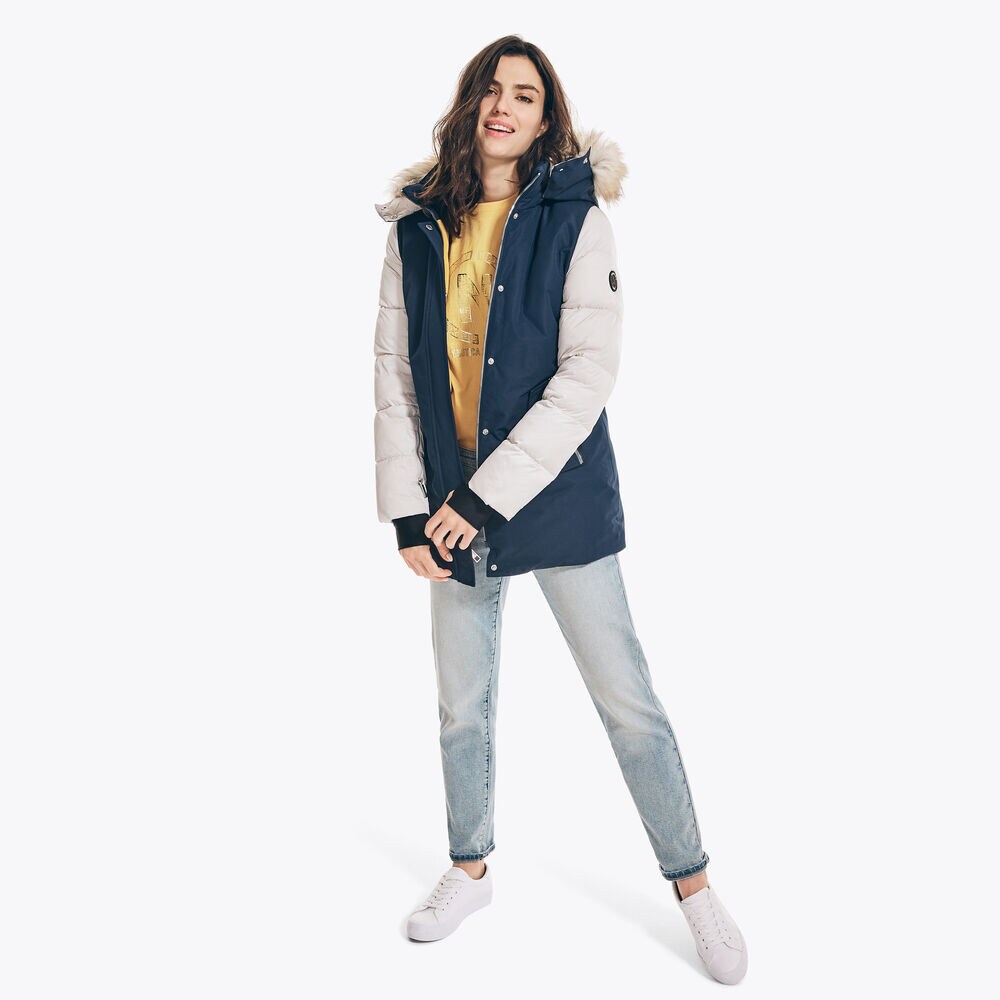 COLORBLOCK FAUX-FUR TRIMMED PARKA,Stellar Blue Heather,large