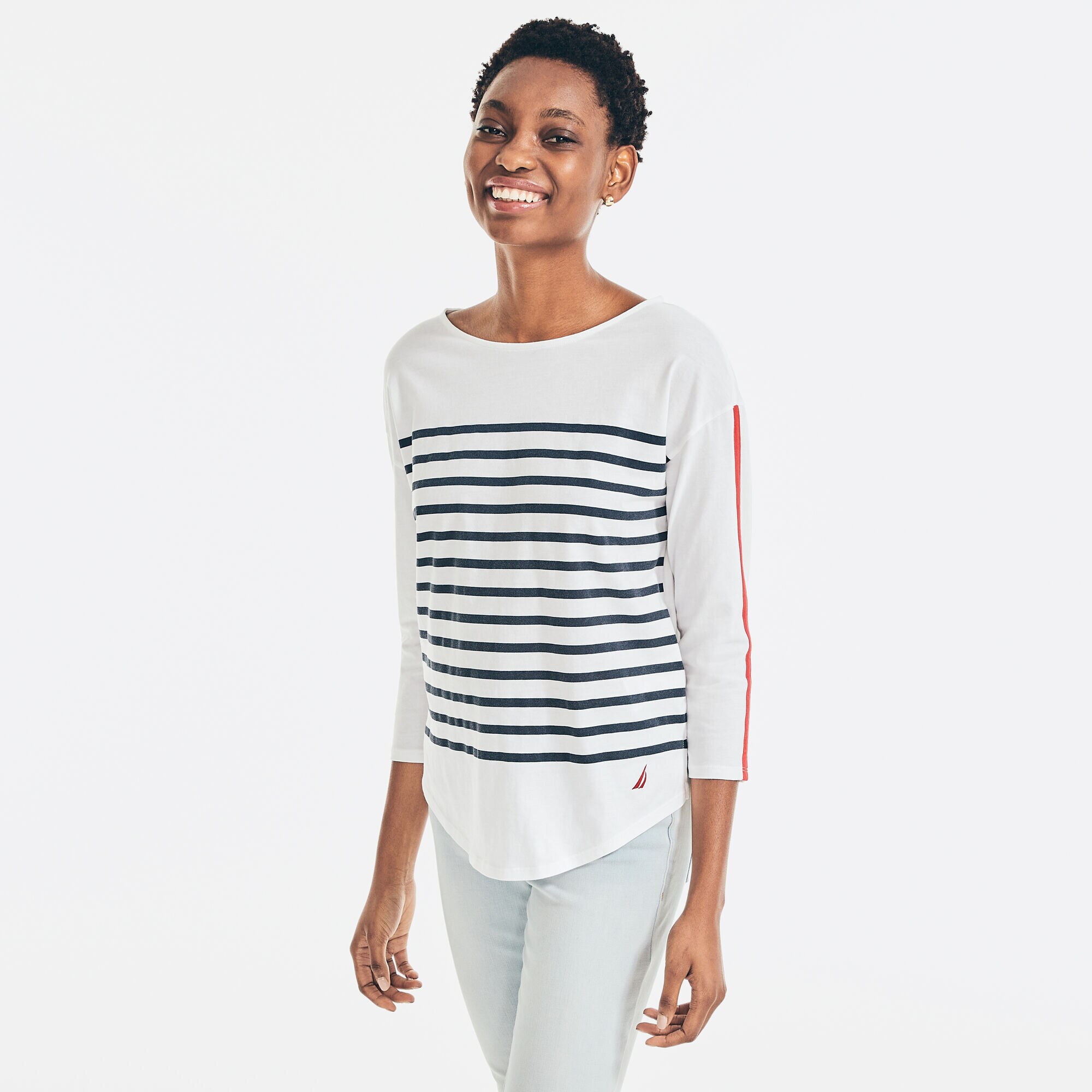 STRIPED THREE-QUARTER-SLEEVE TOP,Bright White,large