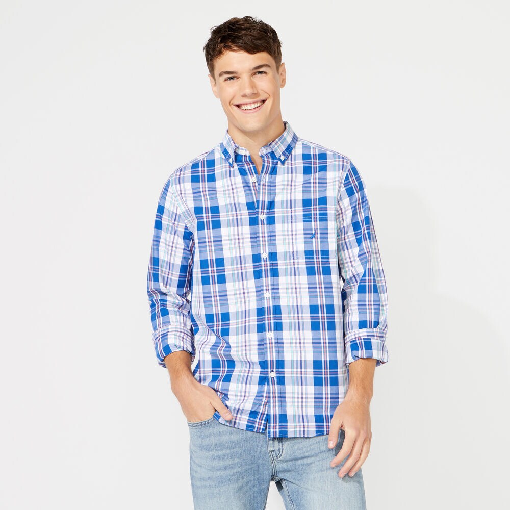 CLASSIC FIT LONG SLEEVE PLAID SHIRT,Windsurf Blue,large
