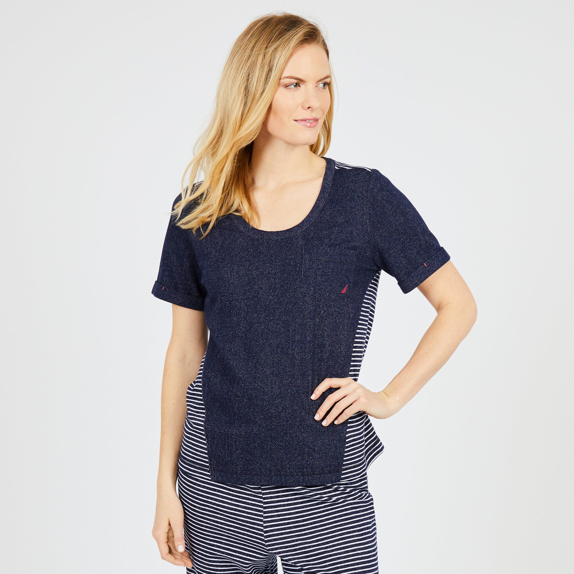 Solid + Striped Short Sleeve Pajama Top,Crystal Bay Blue,large