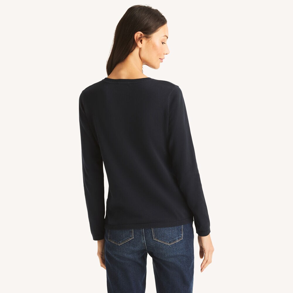Jacquard Bow Crewneck Sweater,Navy,large