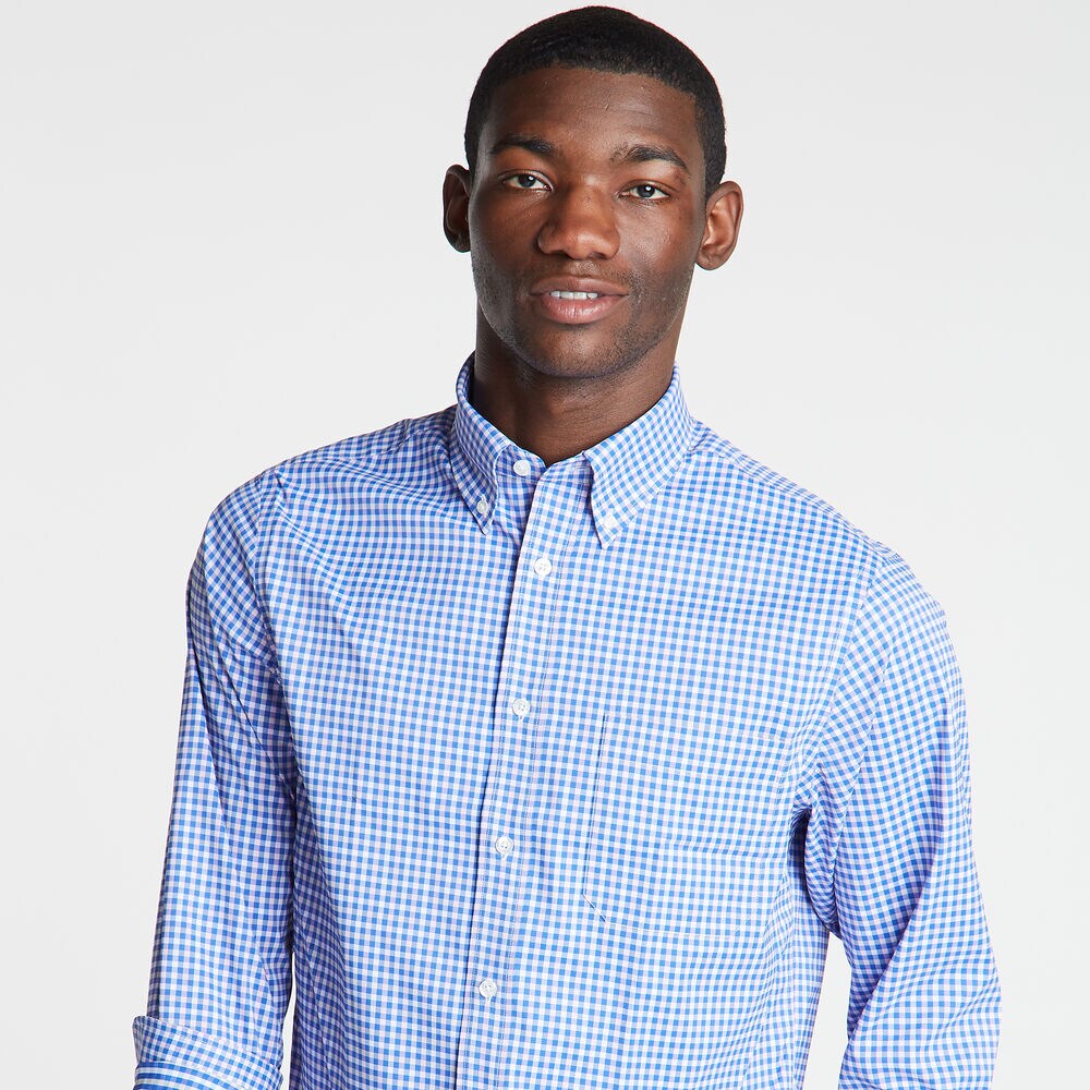 Classic Fit Non-Iron Performance Poplin Shirt in Gingham,Crest Blue,large