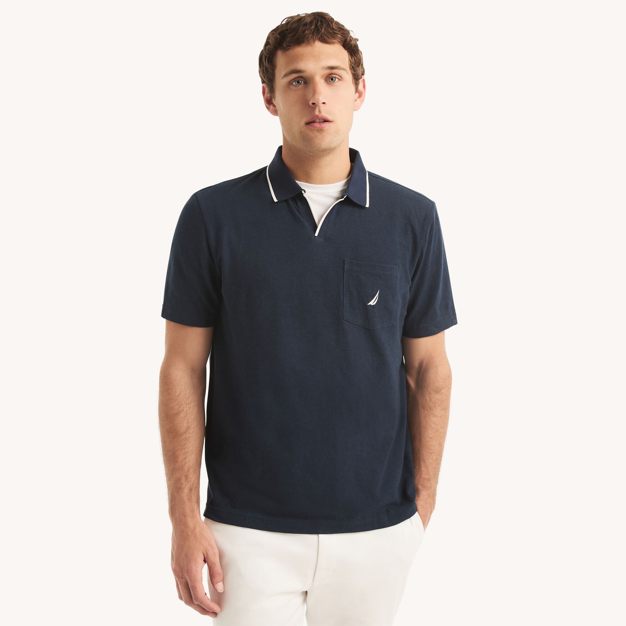 Linen Johnny Collar Polo,Stellar Blue Heather,large