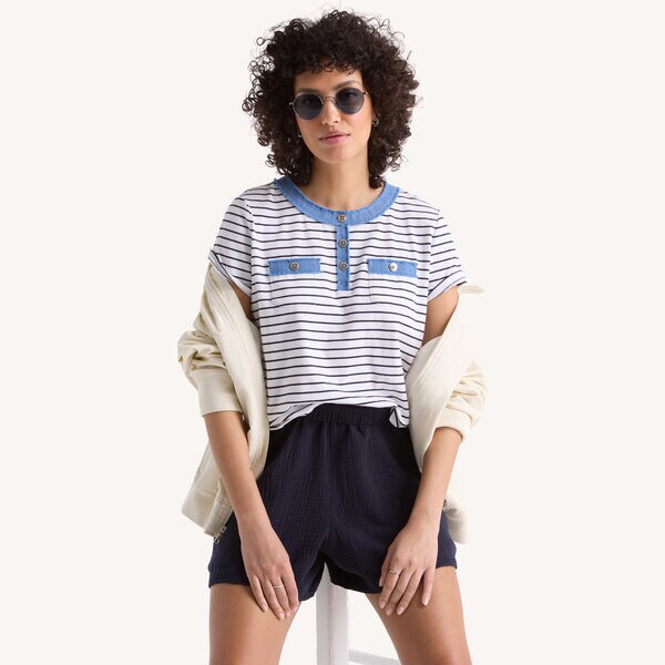 Striped Denim-Trimmed Henley