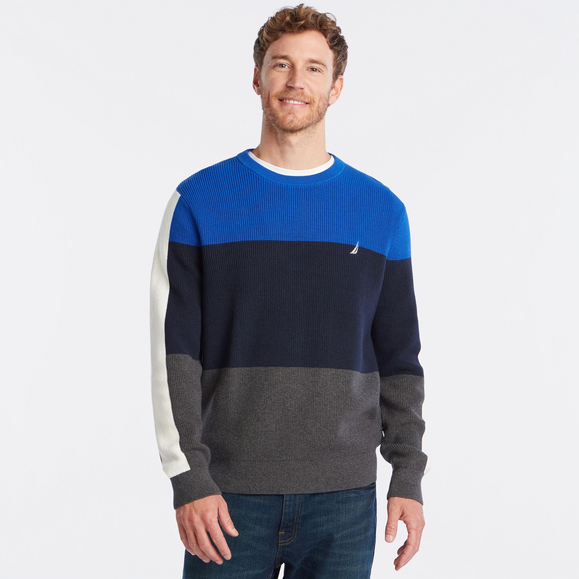 COLORBLOCK CREWNECK SWEATER,Bright Cobalt,large