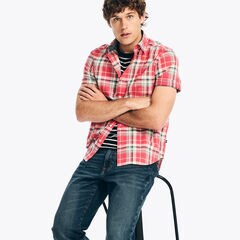 Plaid Poplin Short-Sleeve Shirt,Melonberry,large