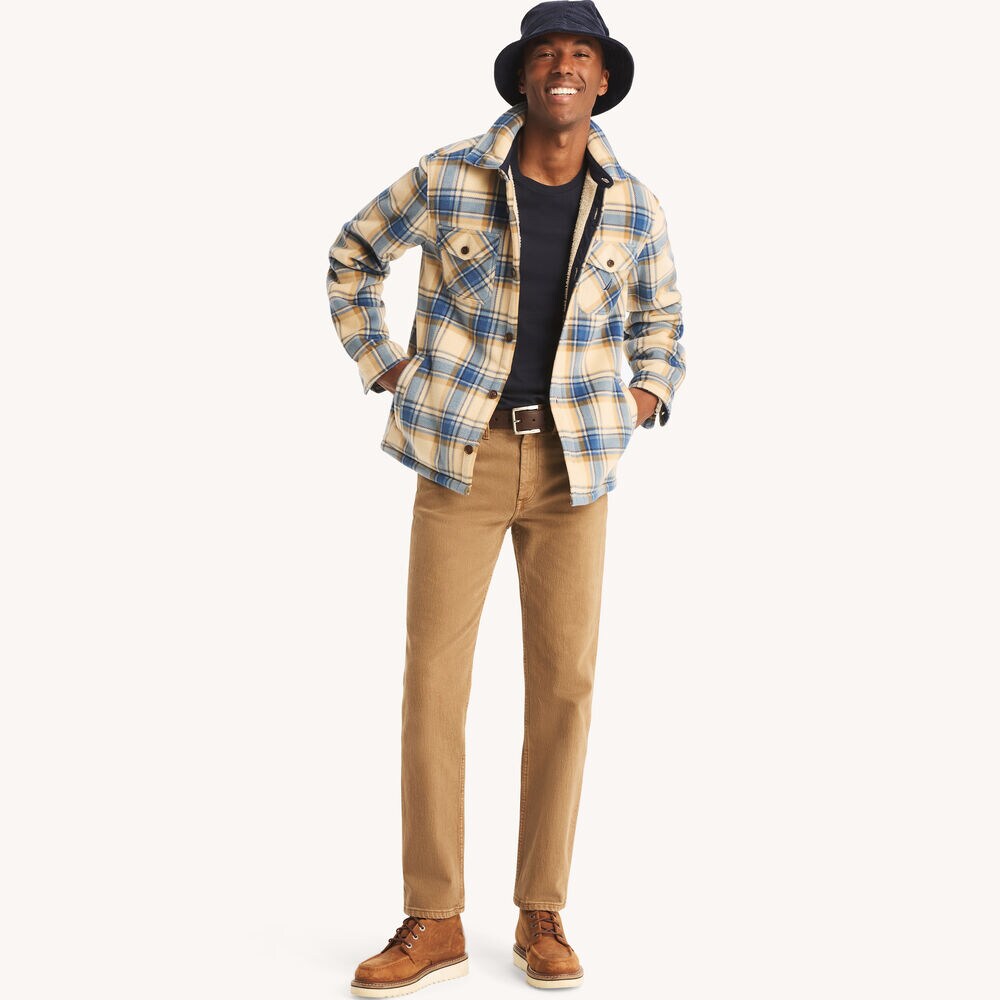 Plaid Faux Shearling Button-Up Shirt,Khaki Tent,large
