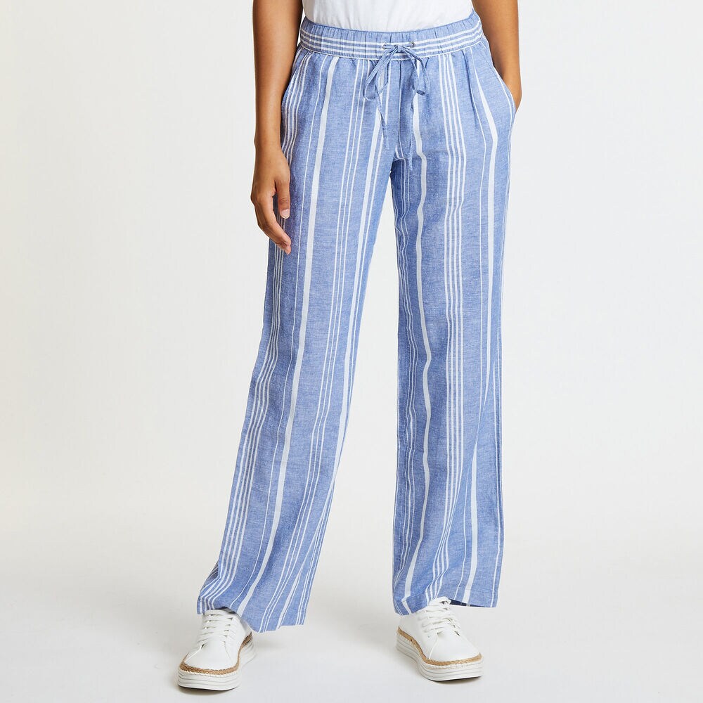 Yarn Dyed Striped Wide Leg Pants,Deep Navy Heather,large