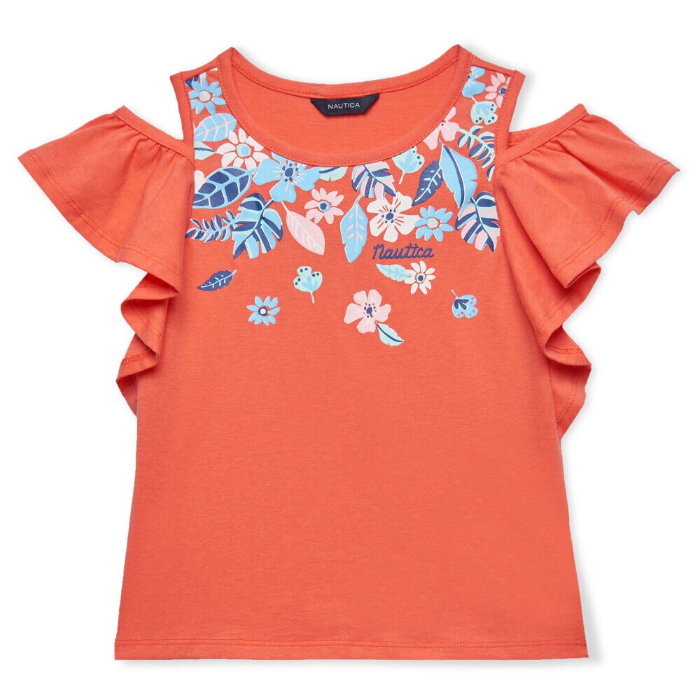 TODDLER GIRLS' COLD SHOULDER FLUTTER KNIT TOP (2T - 4T),Orange Sunset,large