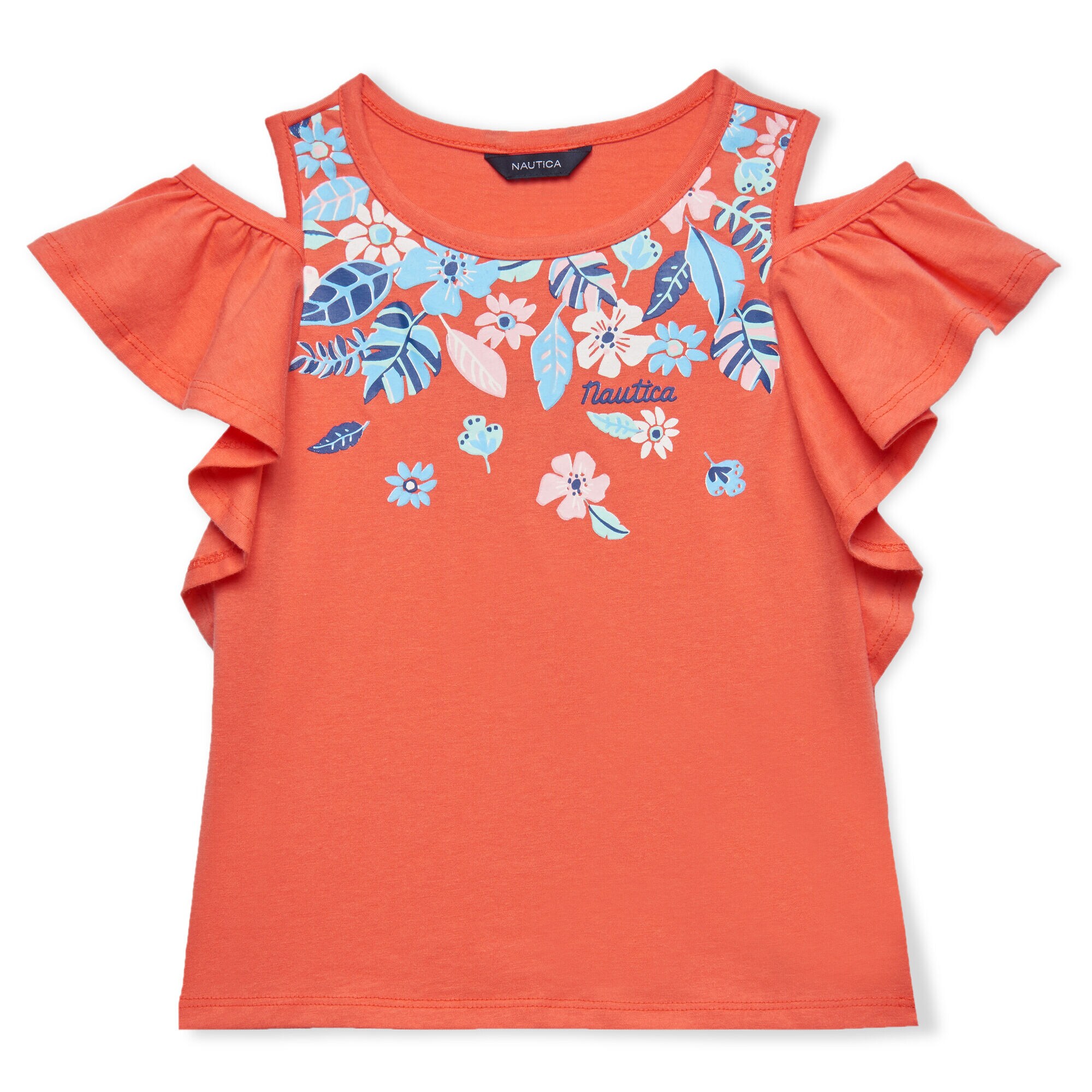 TODDLER GIRLS' COLD SHOULDER FLUTTER KNIT TOP (2T - 4T),Orange Sunset,large