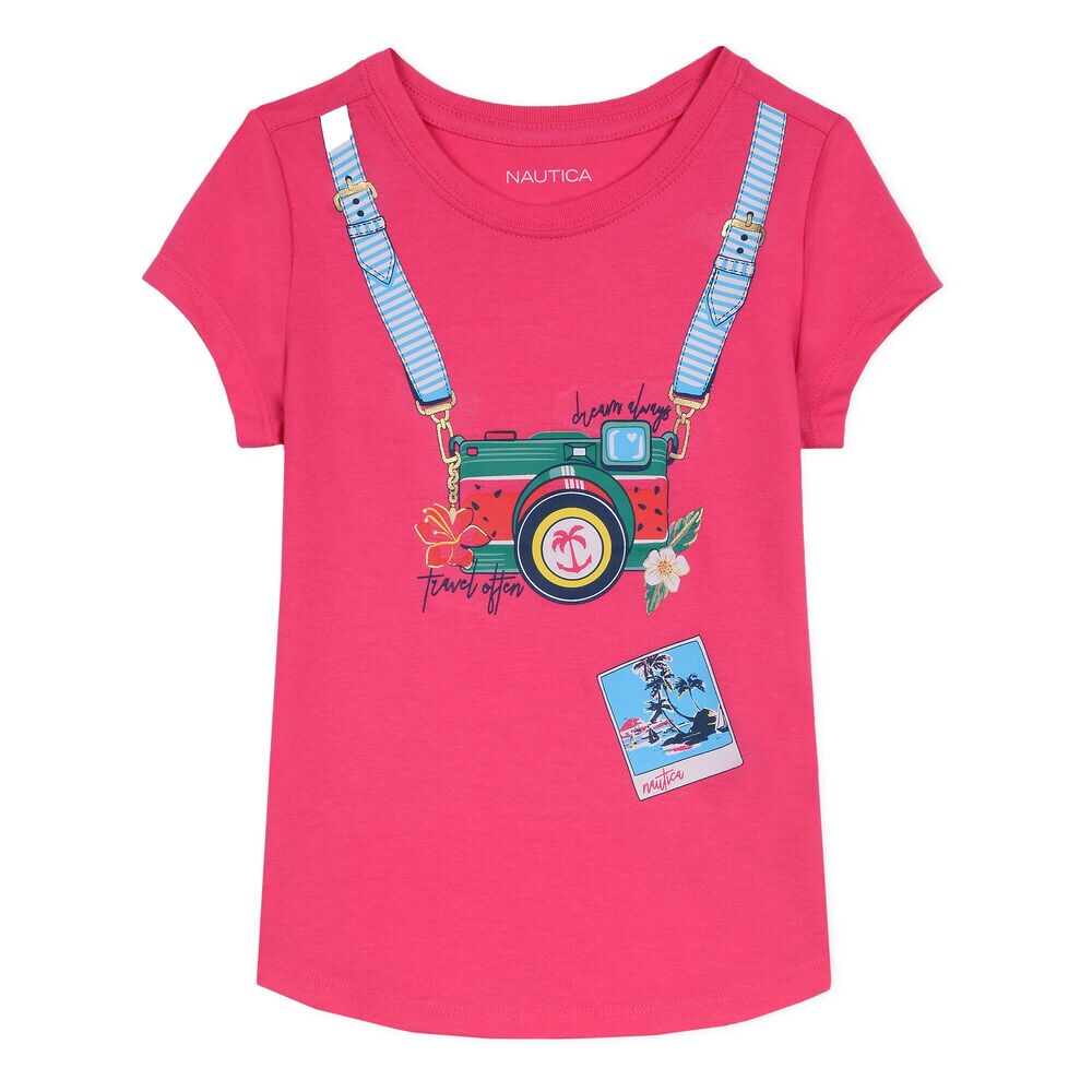 Girls' Jersey T-Shirt in Camera Graphic,Sunguard Red,large