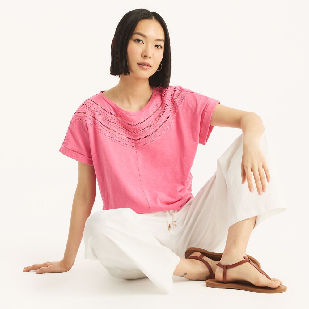 Lace Short-Sleeve Top,Pink,large