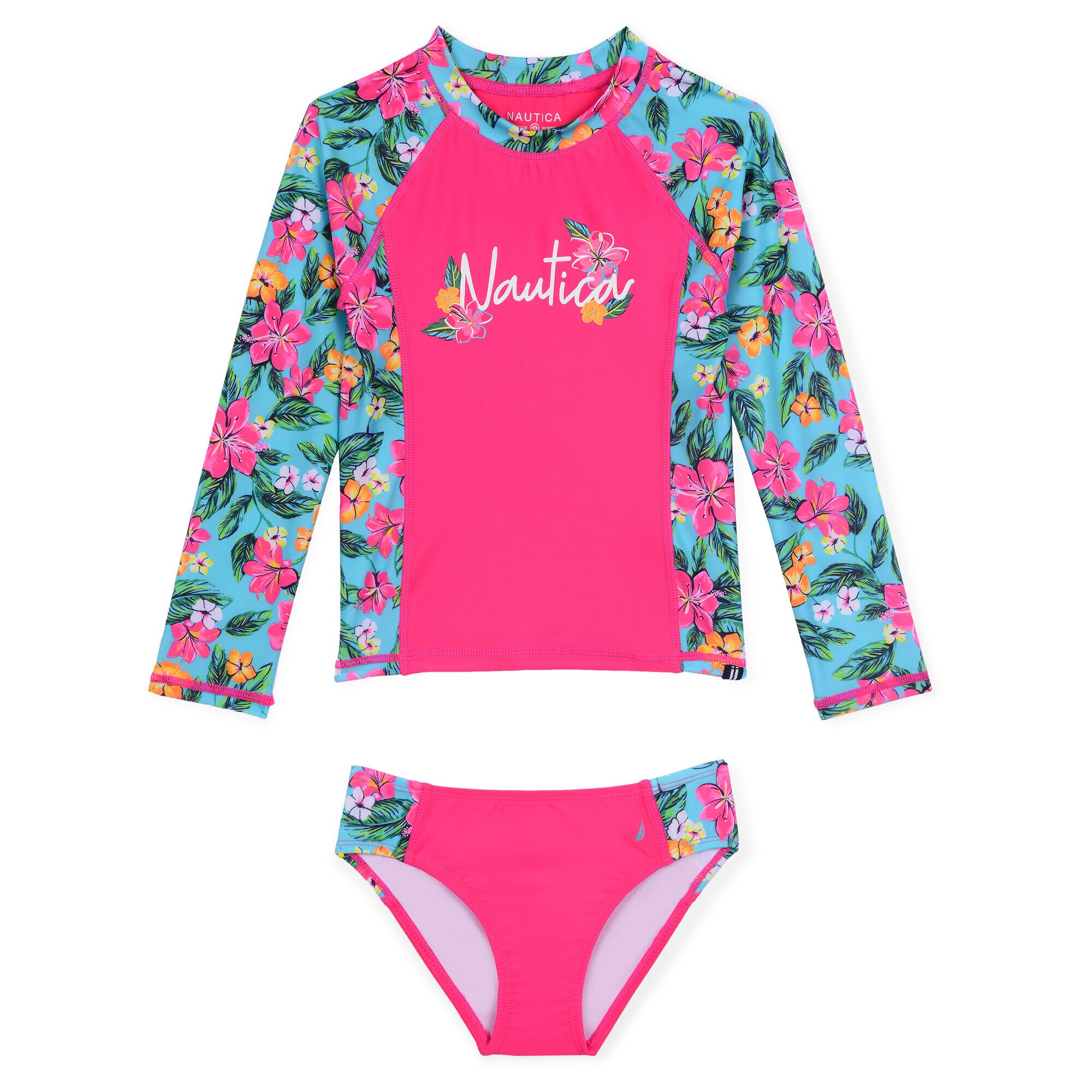Girls' Rashguard Two-Piece Swimsuit in Floral Print (8-20),Rose,large