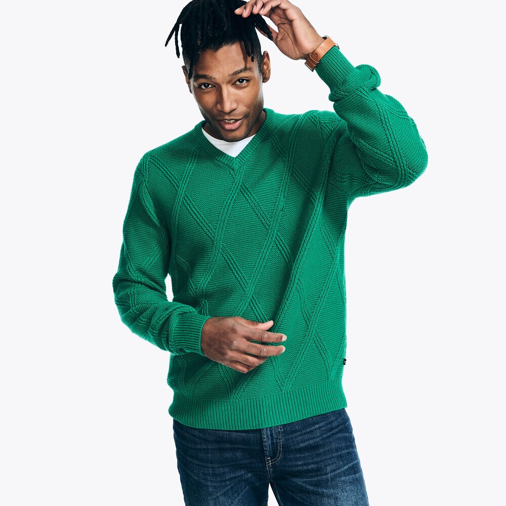 Sustainably Crafted Textured V-Neck Sweater,Spearmint,large