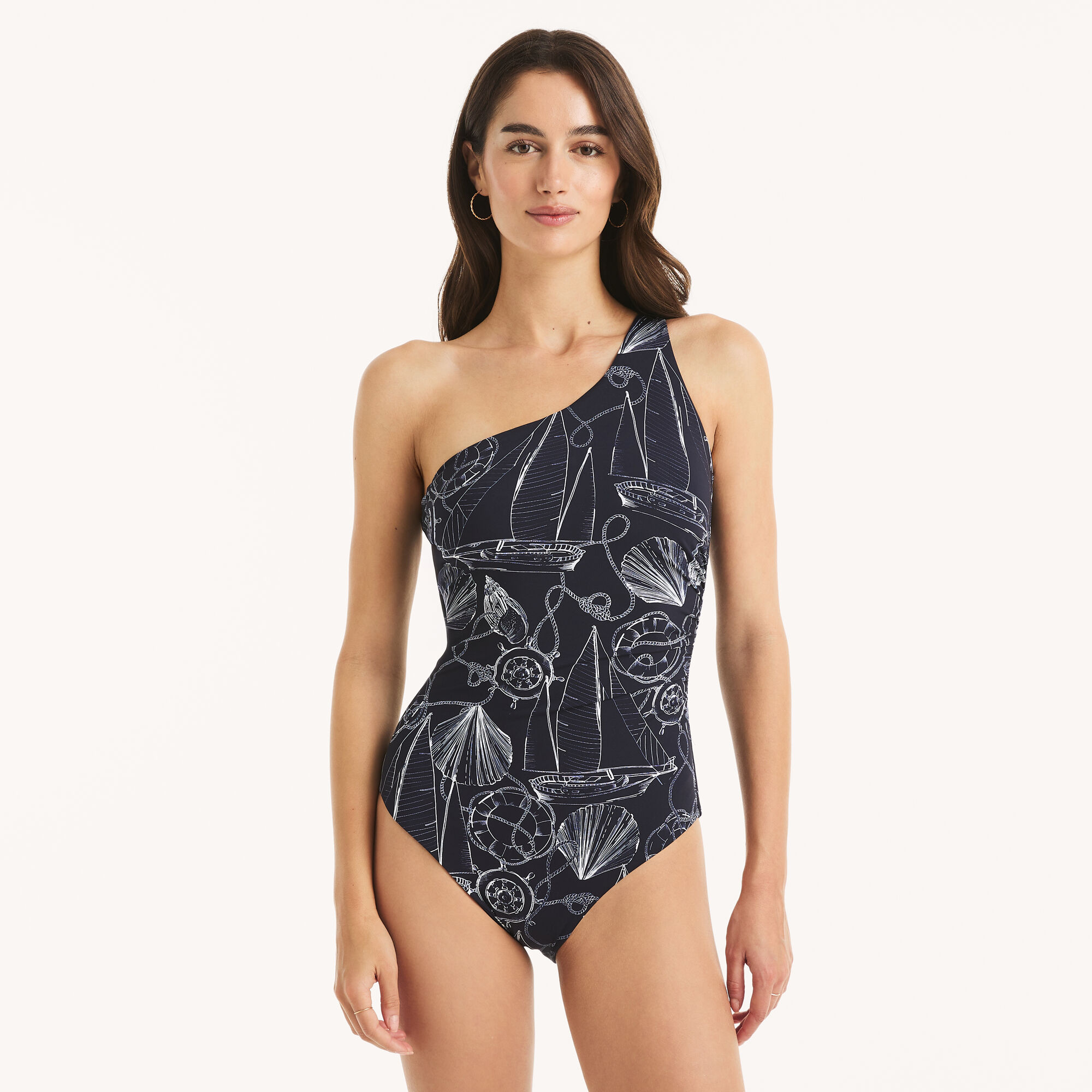 Printed One-Shoulder One-Piece Swim,J Navy,large