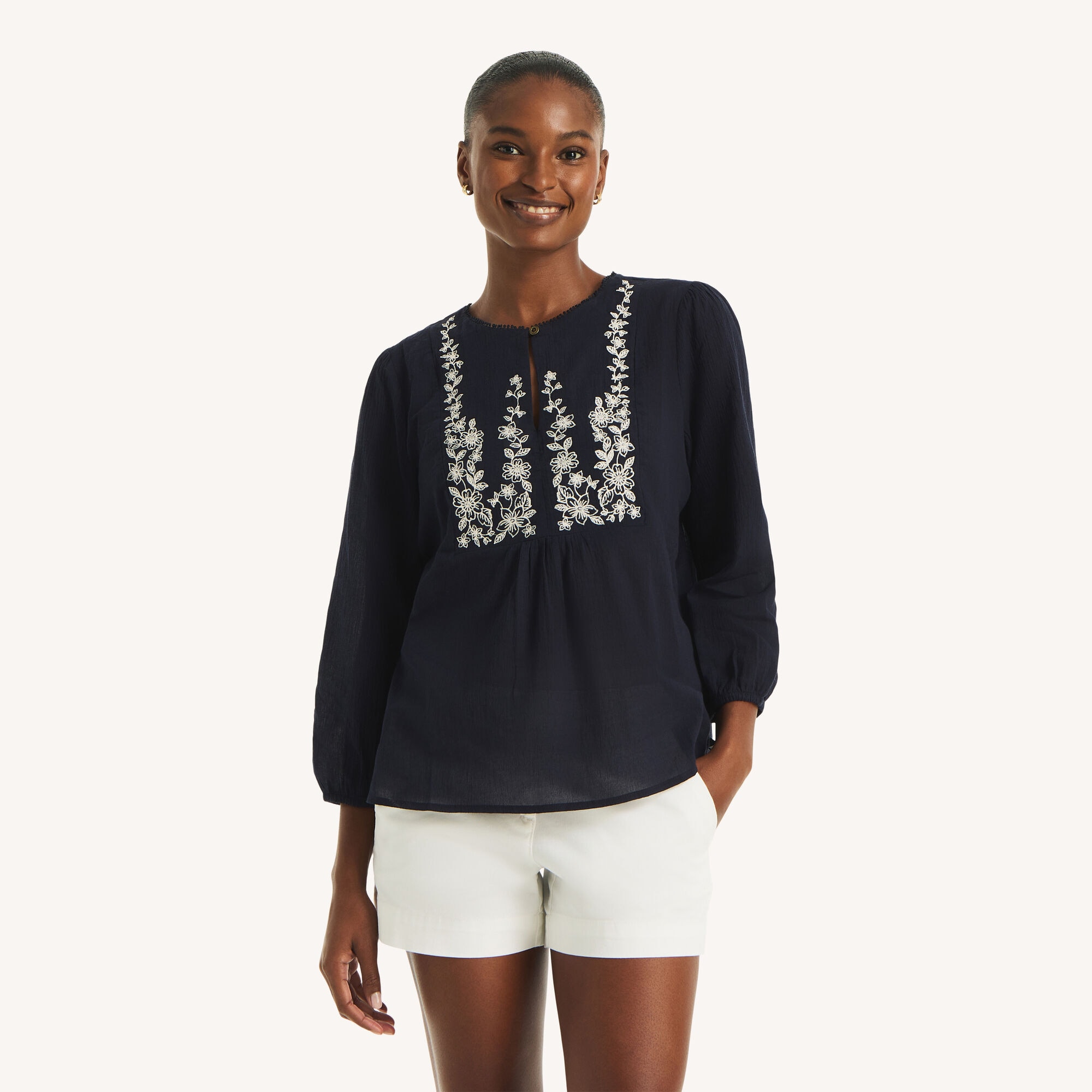 Embroidered Popover Top,Navy,large