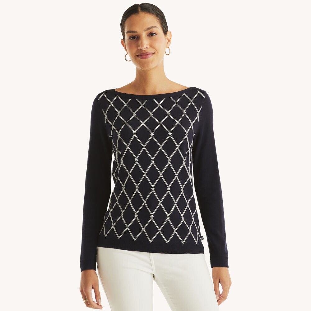 Intarsia Boatneck Sweater,Navy,large