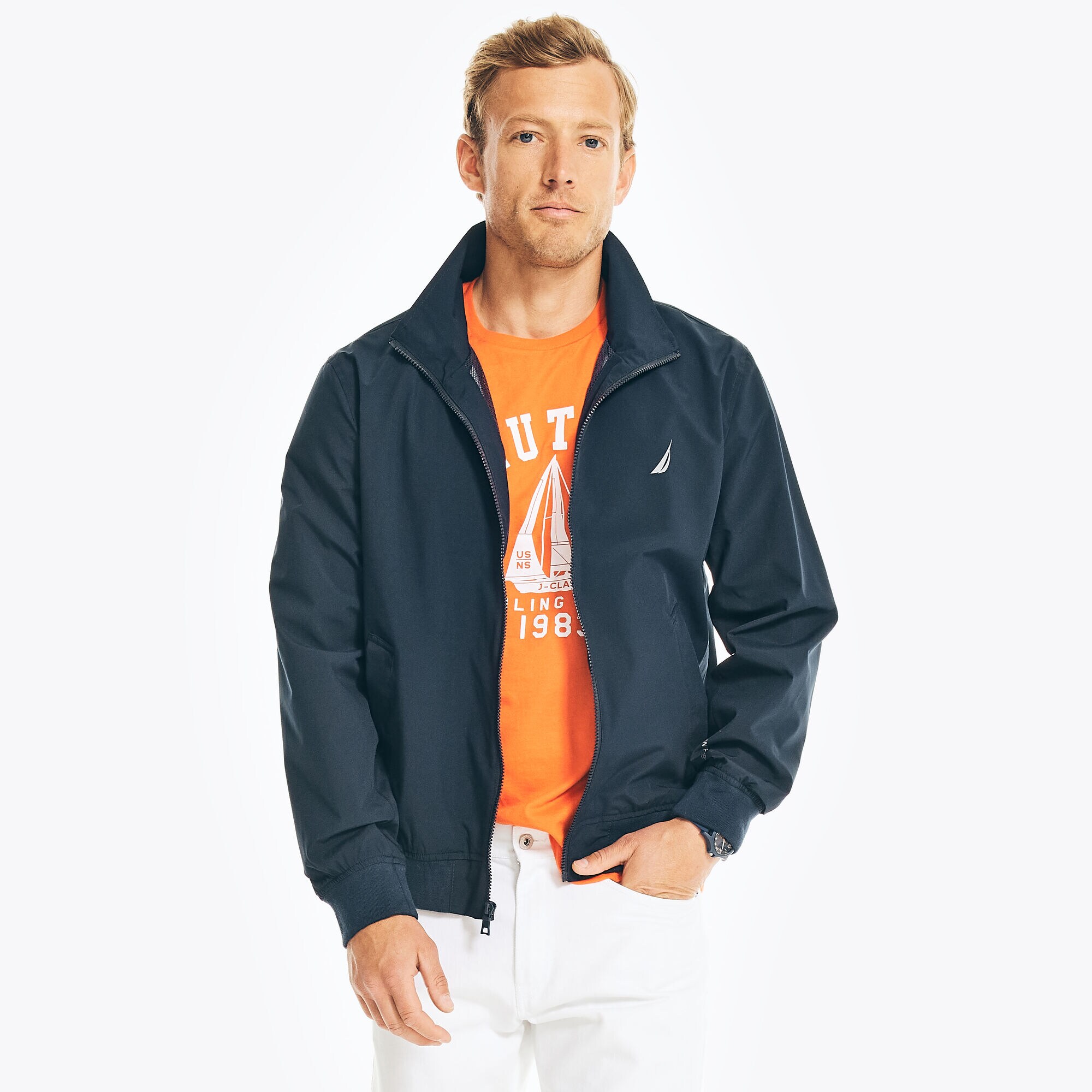 LIGHTWEIGHT RAINBREAKER BOMBER JACKET,Navy,large