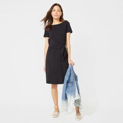 SOLID TIE WAIST KNIT DRESS,True Black,large