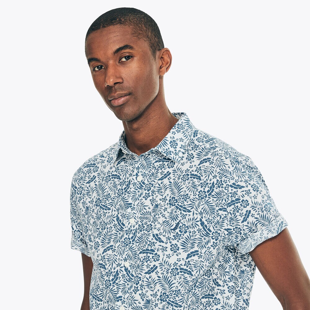 FLORAL PRINT LINEN SHORT-SLEEVE SHIRT,Sail White,large