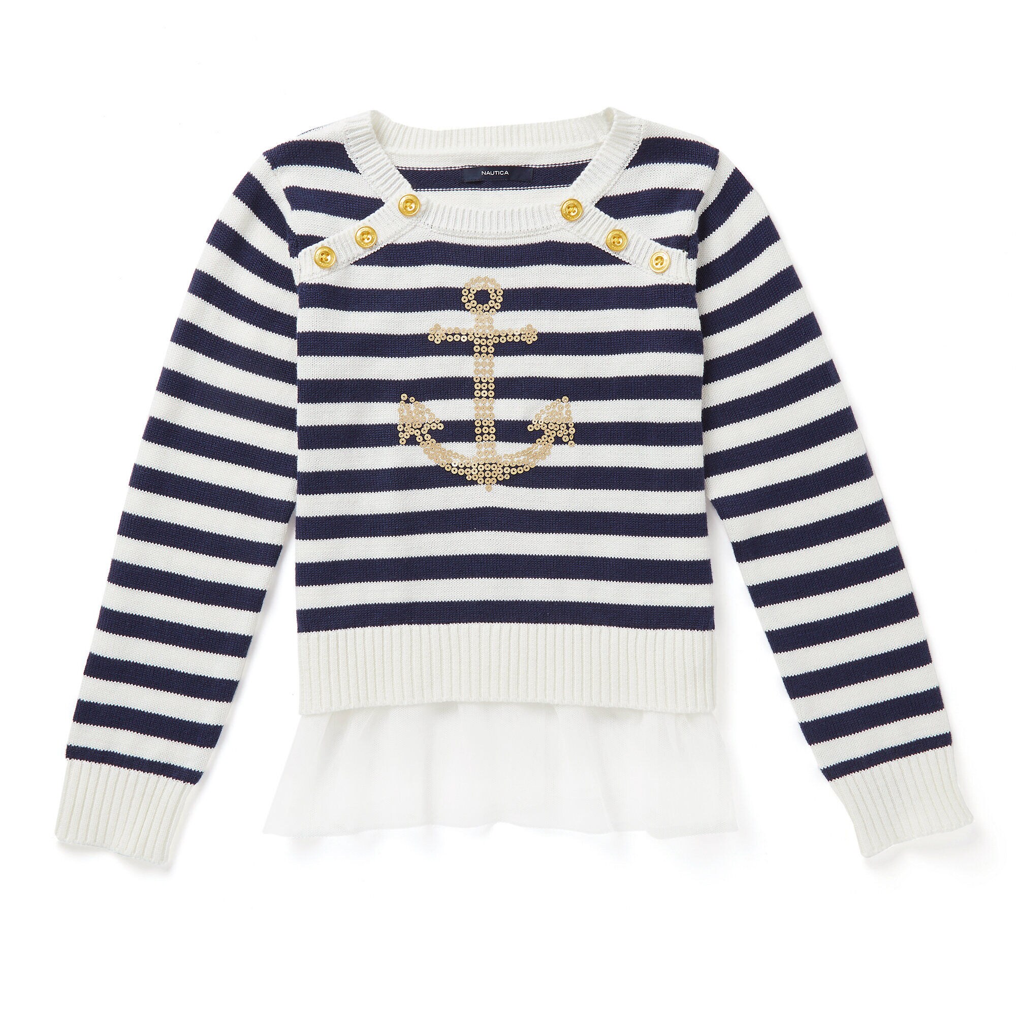 Little Girls' Metallic Waist Striped Sweater (4-7),Bright White,large