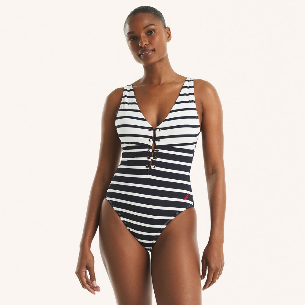 Striped One-Piece Swim,Stellar Blue Heather,large