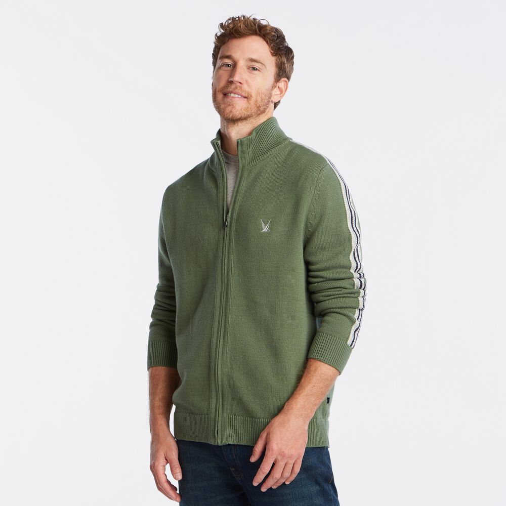 INTARSIA-KNIT STRIPE-SLEEVE CARDIGAN,Pineforest,large