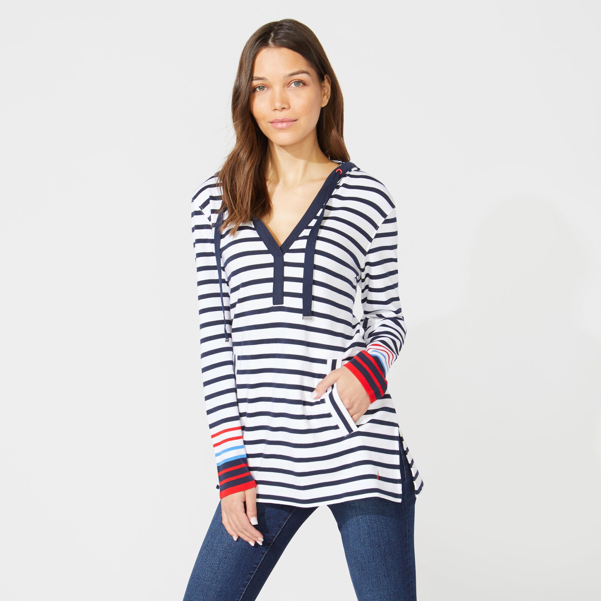STRIPED SPLIT NECK PULLOVER HOODIE,Stellar Blue Heather,large