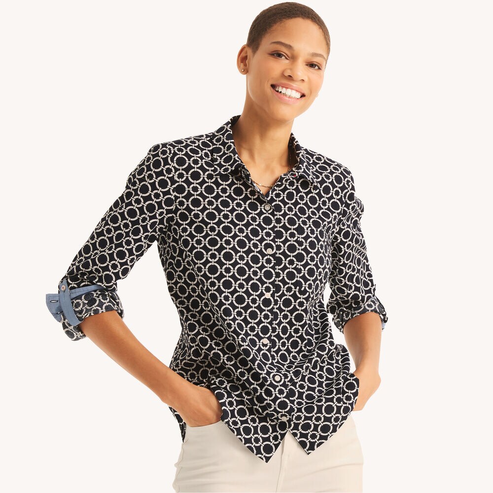 Printed Button-Down Shirt,Navy,large