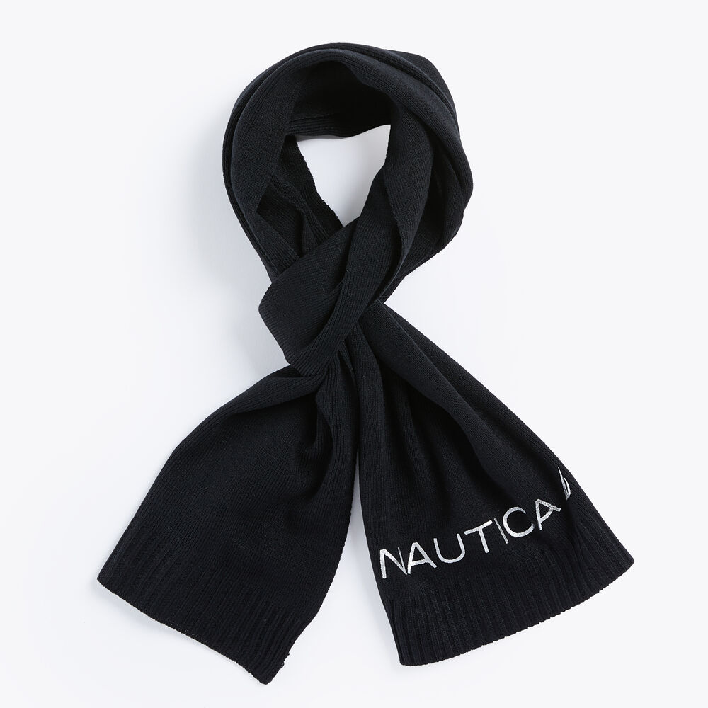 METALLIC FOIL LOGO SCARF,Black,large
