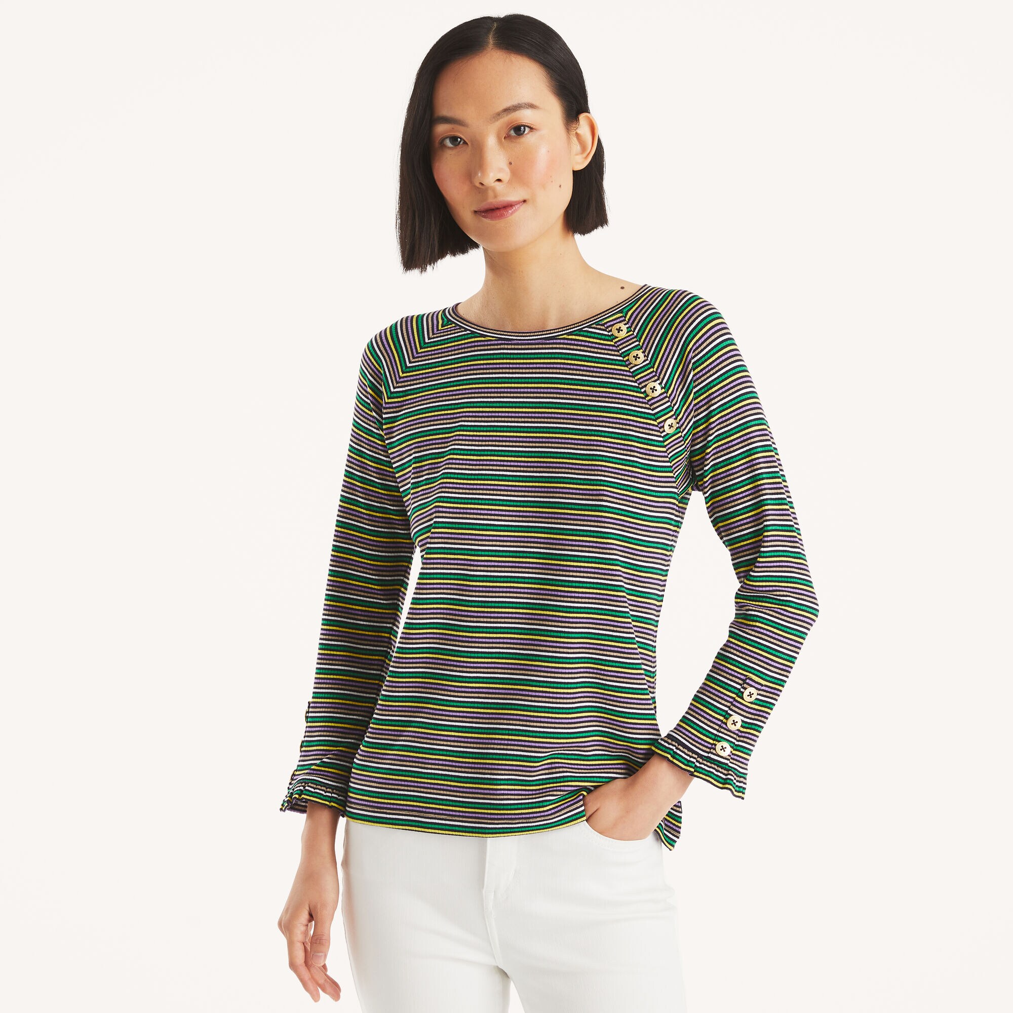 Striped Ruffle-Trim Raglan T-Shirt,Navy,large