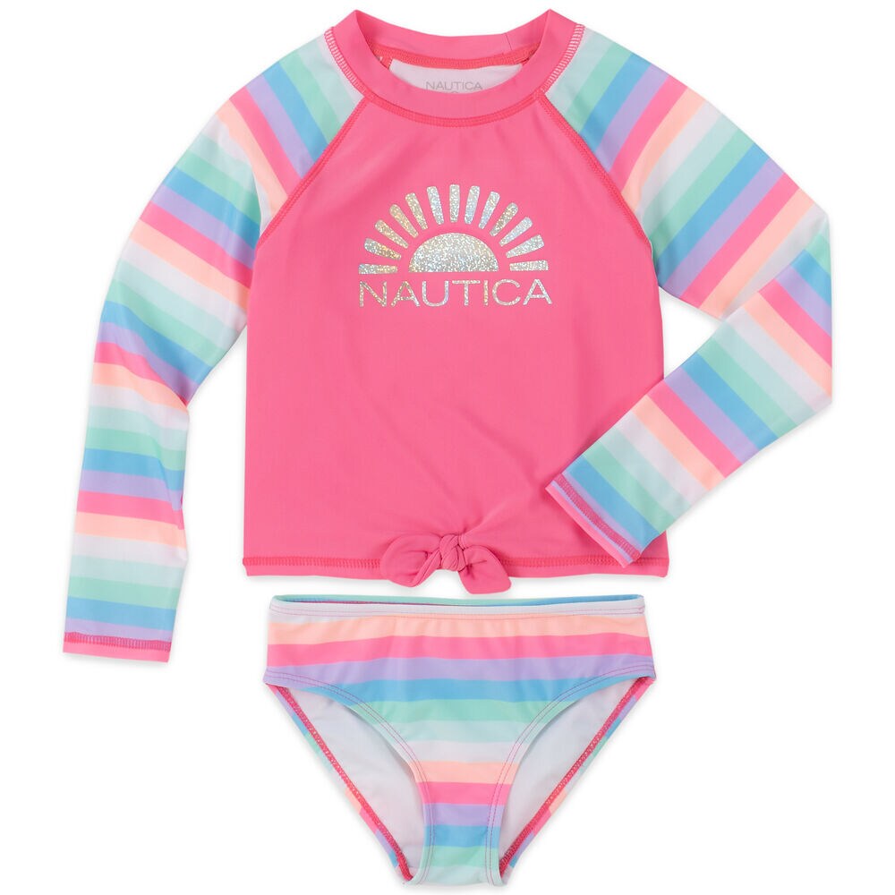 GIRLS' STRIPED SUNSET RASH GUARD SET (8-16),Firey Red,large