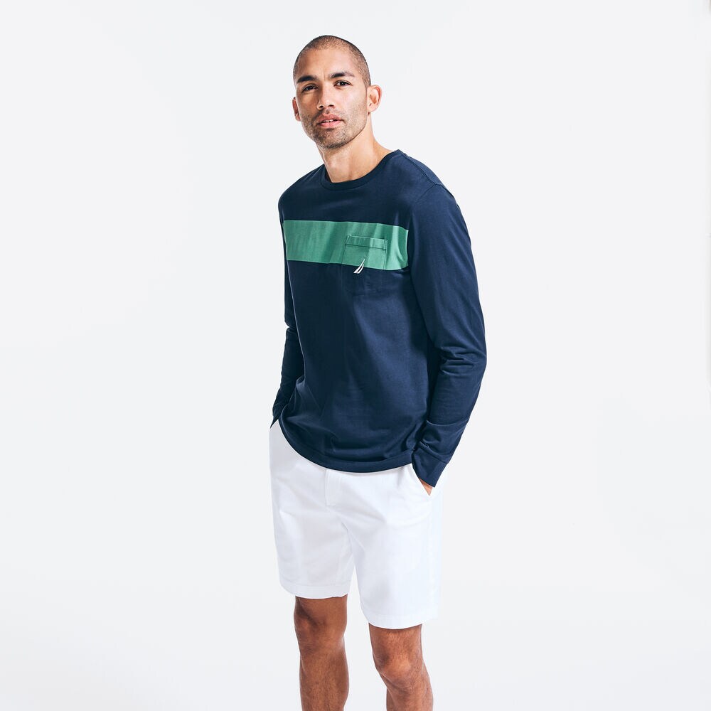 CHEST-STRIPE LONG-SLEEVE T-SHIRT,Navy,large
