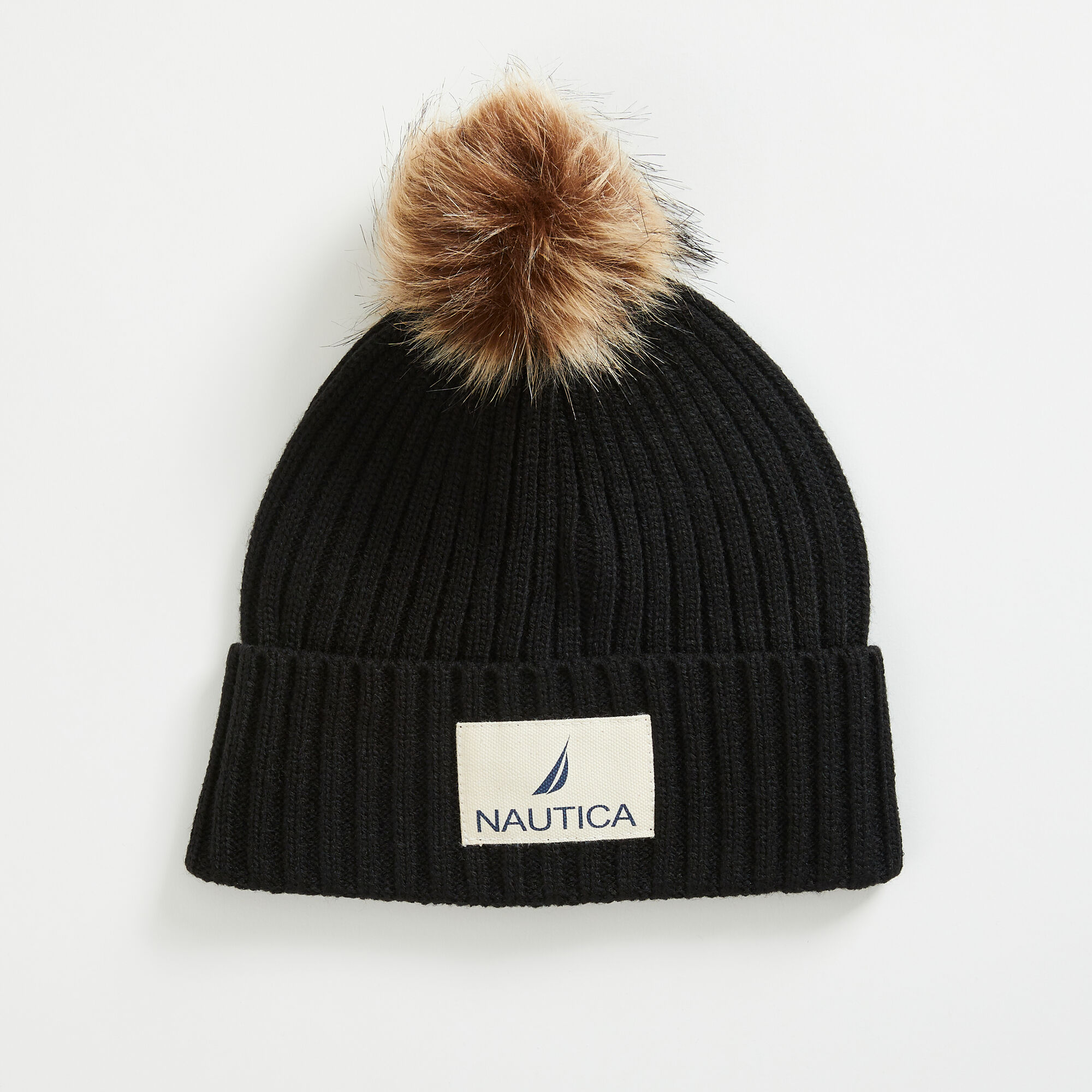RIBBED-KNIT POM-POM BEANIE,True Black,large