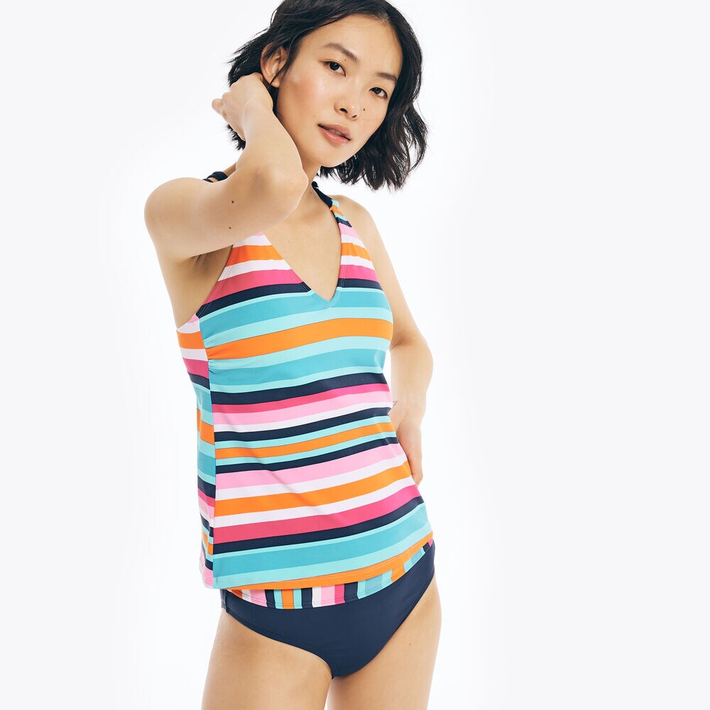 STRIPED V-NECK TANKINI SWIM TOP,Carnation Pink,large