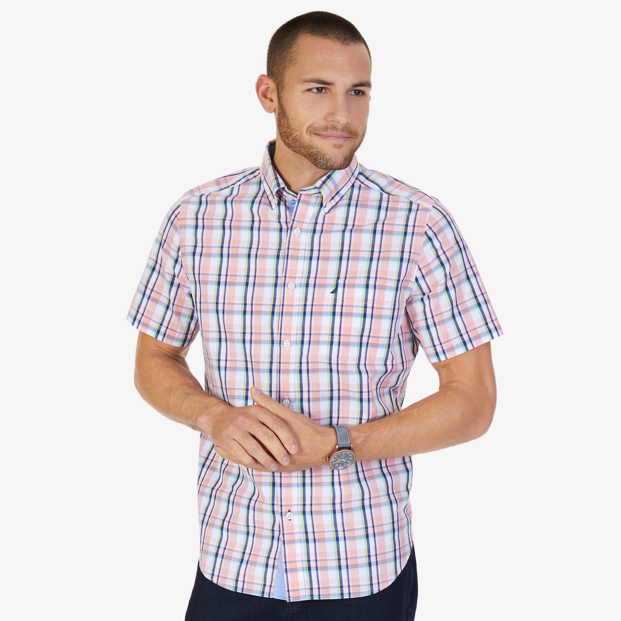Madras Plaid Classic Fit Short Sleeve Button Down Shirt,Coral Sands,large