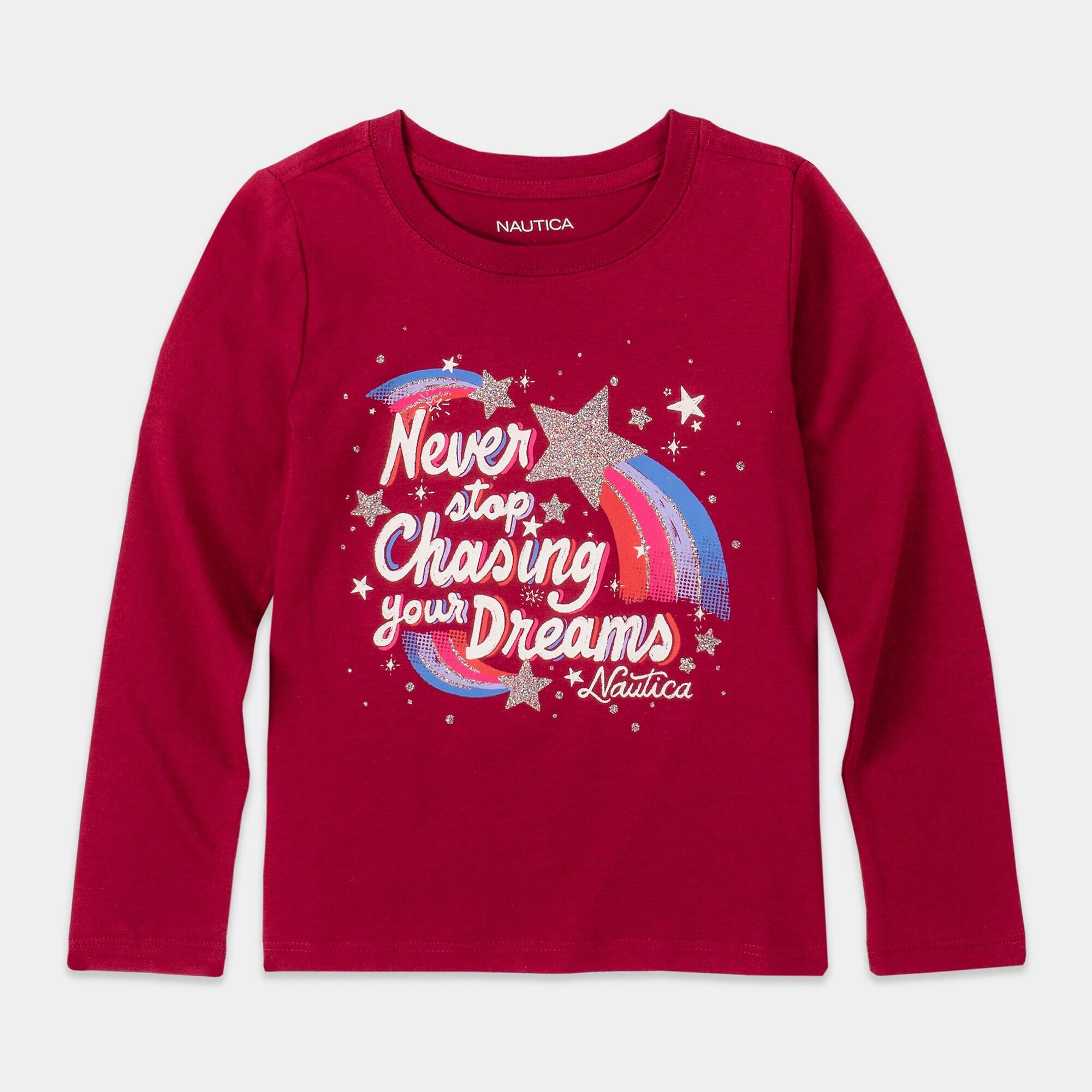 LITTLE GIRLS' GLITTER GRAPHIC LONG SLEEVE T-SHIRT (4-7),Crimson,large