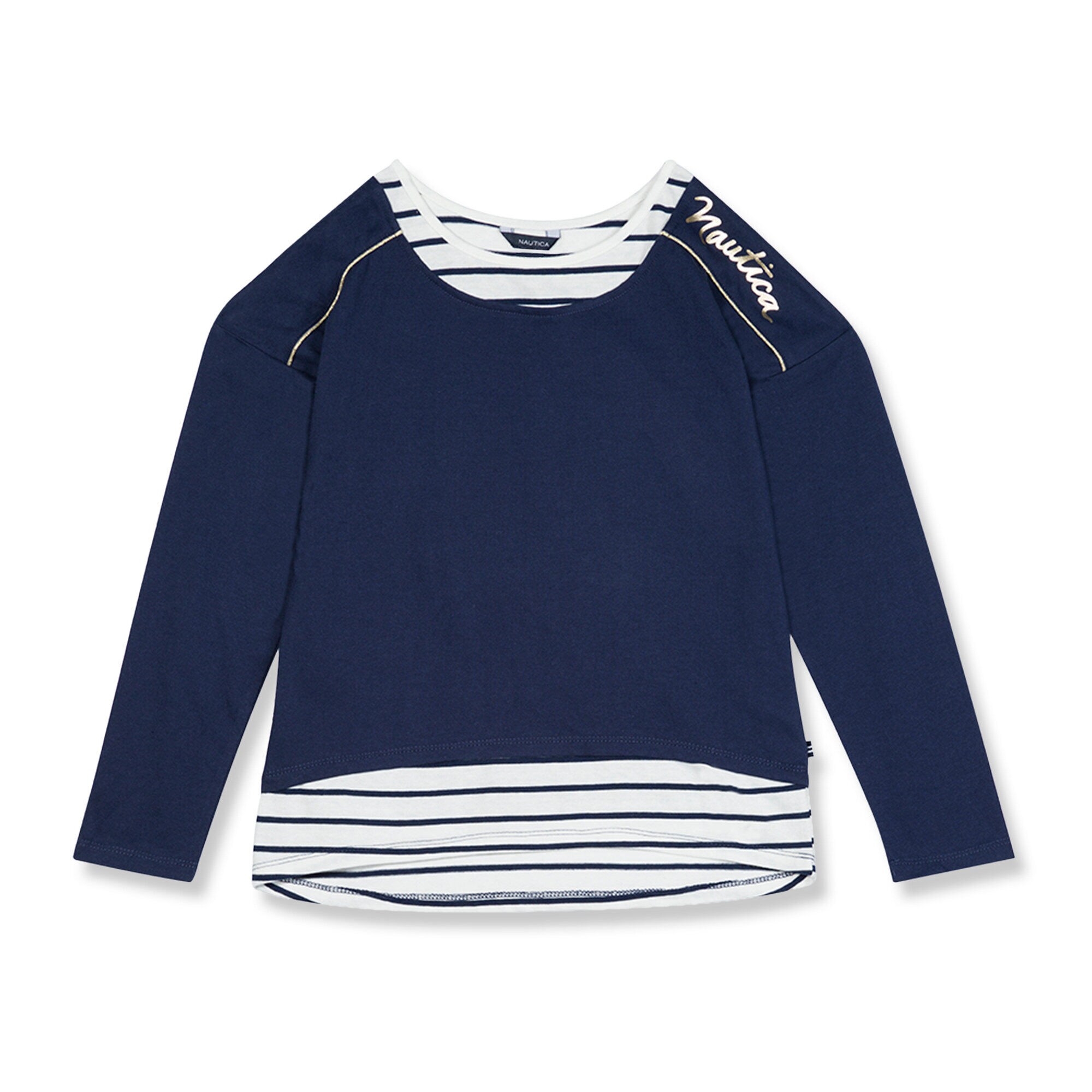 Girls' Metallic Logo Layered Top (7-16),Navy,large