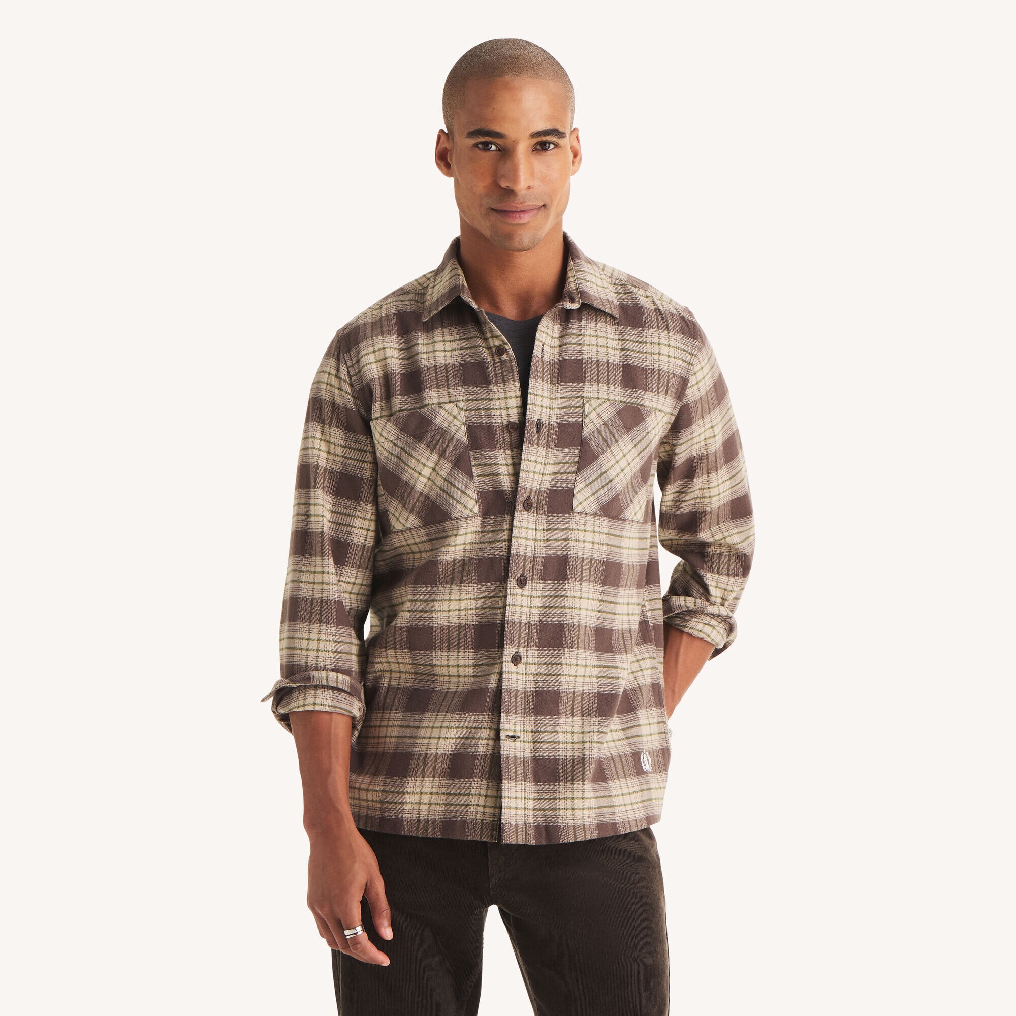 Embroidered Logo Flannel Shirt,Cafe,large