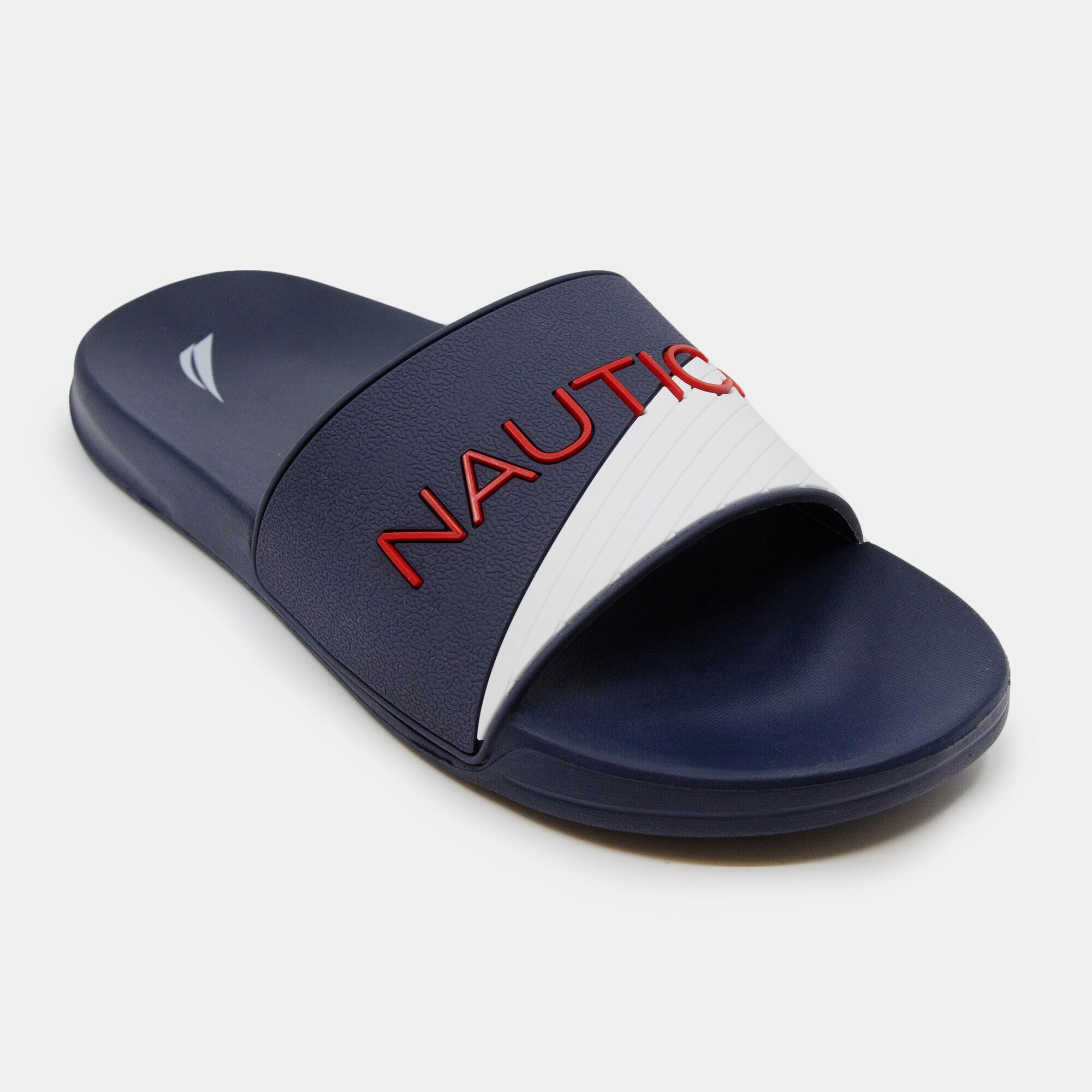 TEXTURED COLORBLOCK LOGO SLIDE SANDALS,Ice Blue,large