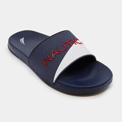 TEXTURED COLORBLOCK LOGO SLIDE SANDALS,Ice Blue,large