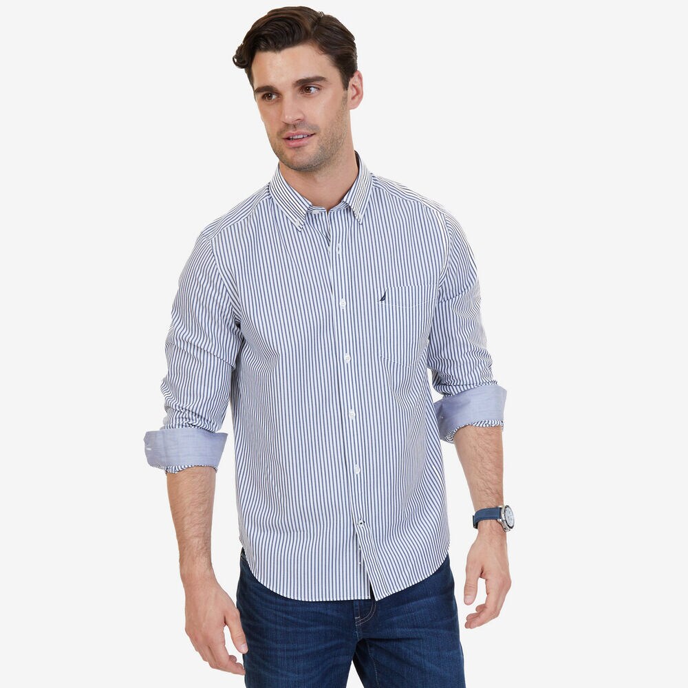 Nautica Classic Fit Wrinkle Resistant Striped Shirt,Peacoat,large
