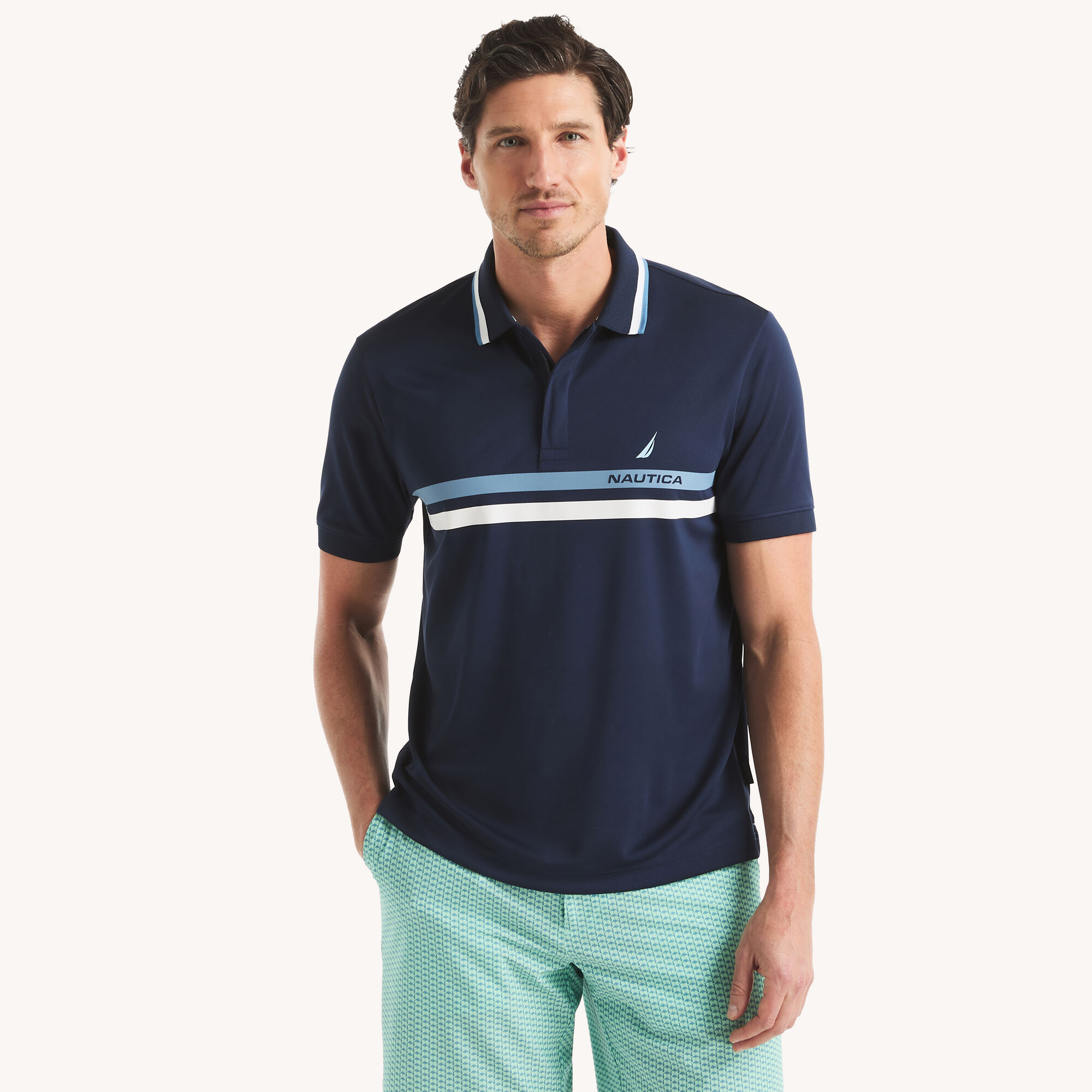 Navtech Striped Classic Fit Polo,Stellar Blue Heather,large