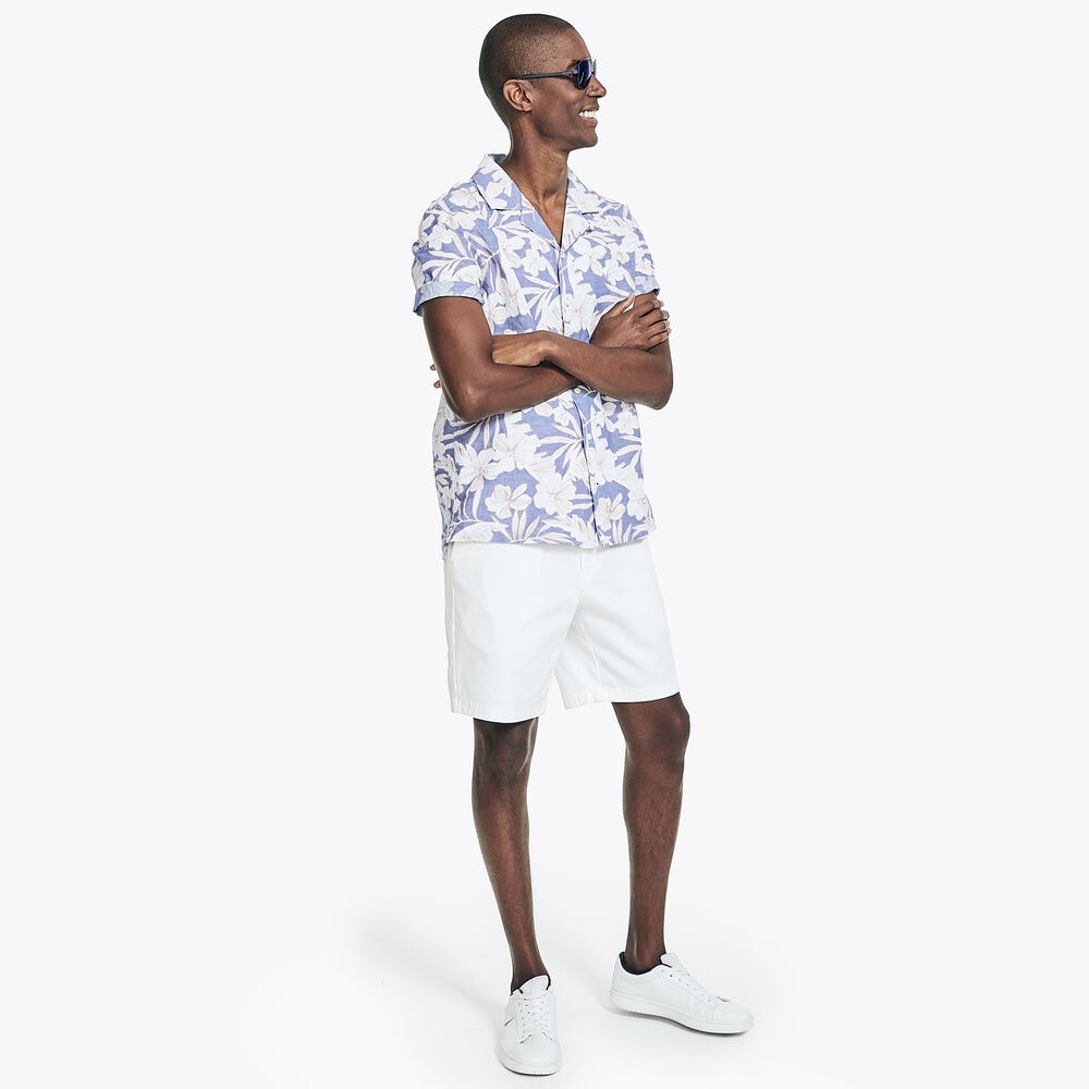 PRINTED LINEN SHORT-SLEEVE CAMP SHIRT,Bolt Blue,large